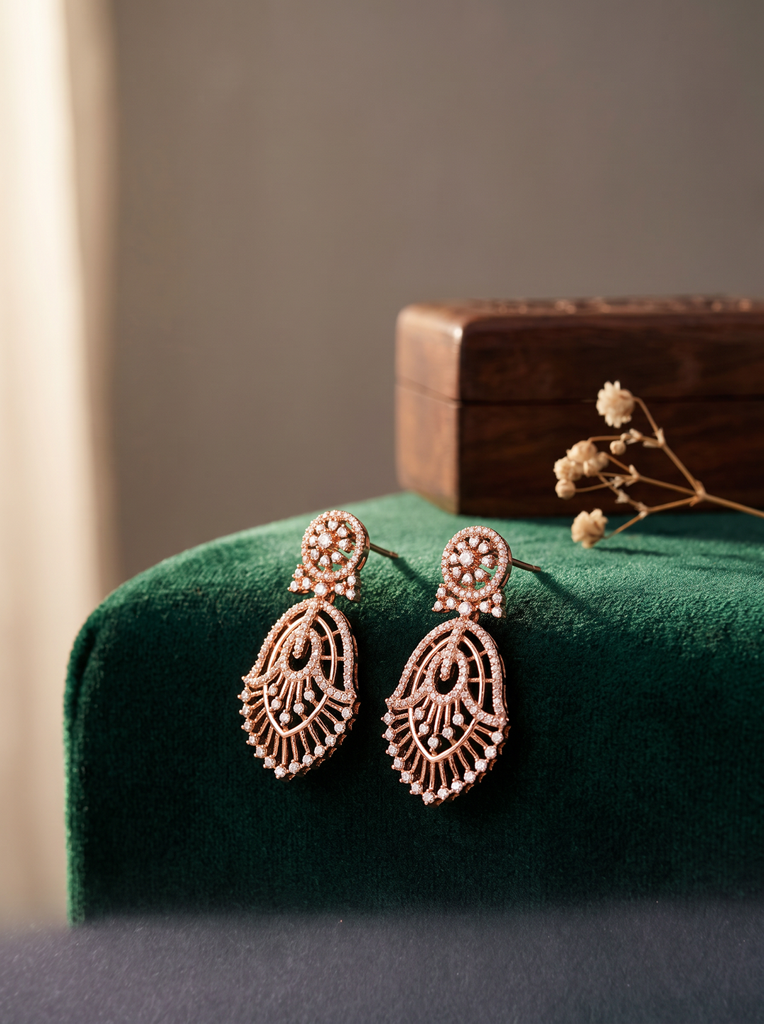 Rose Gold Plated White AD Teardrop Dangler Earrings