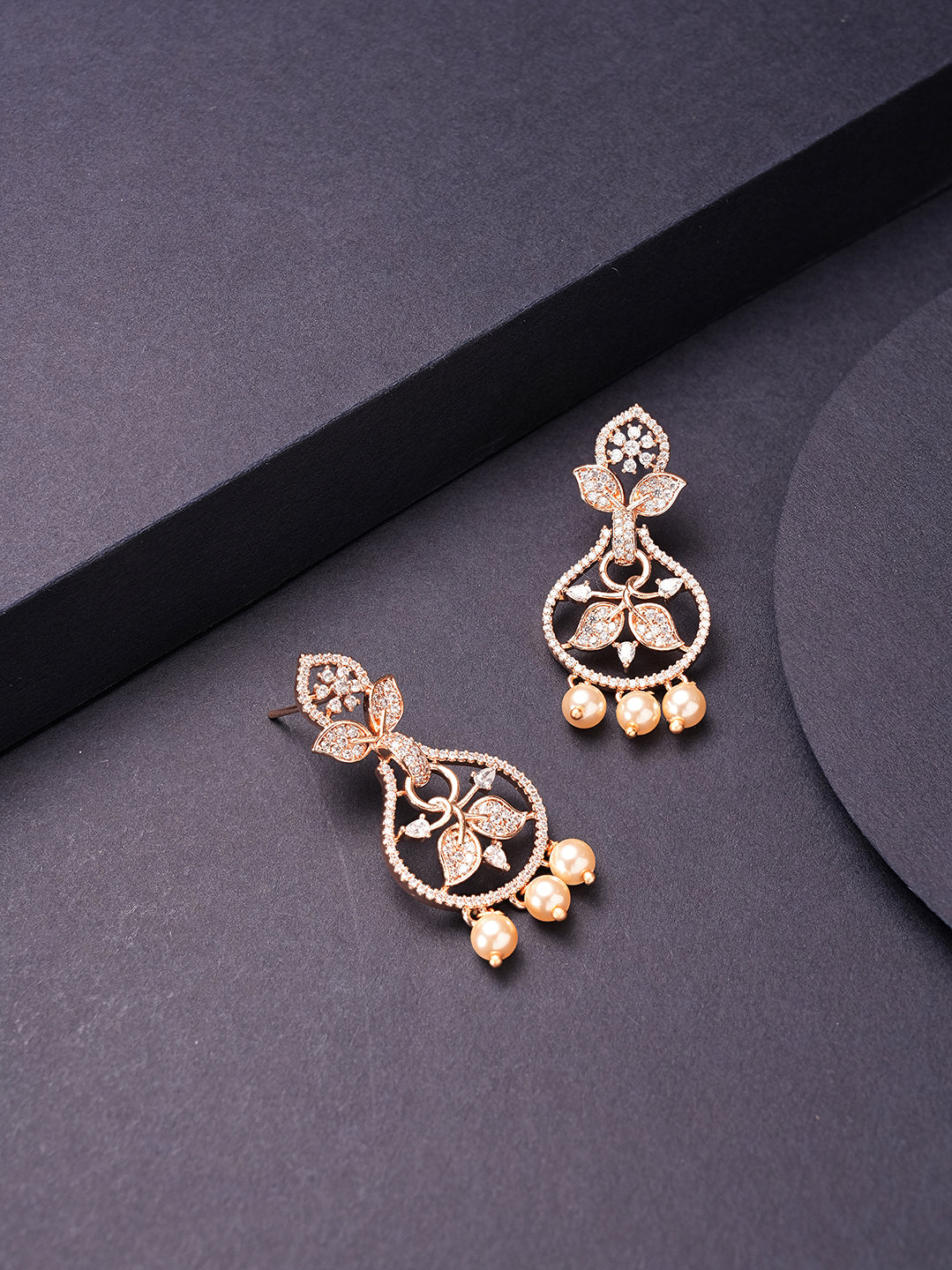 Rose gold plated AD chandbali earrings with pearl drops