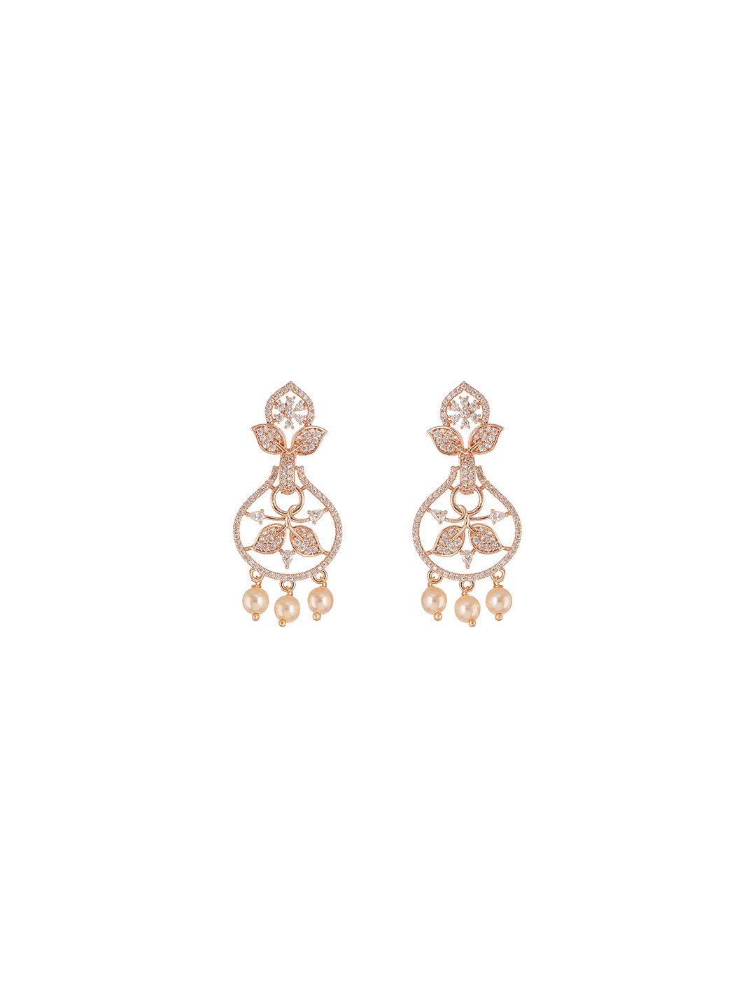 Rose Gold Plated White AD Chandbali Earrings with Pearl Drops