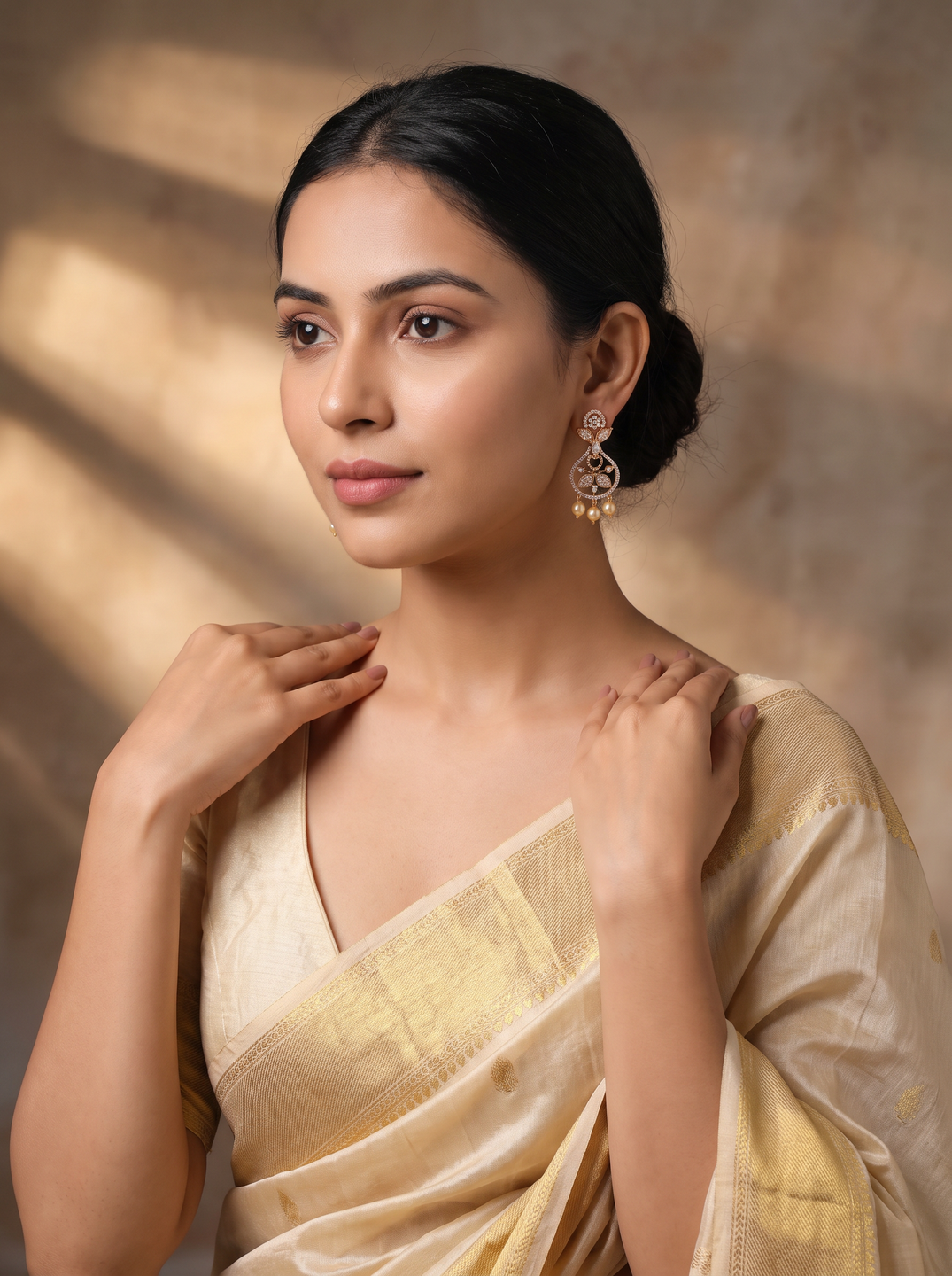 Rose Gold Plated White AD Chandbali Earrings with Pearl Drops