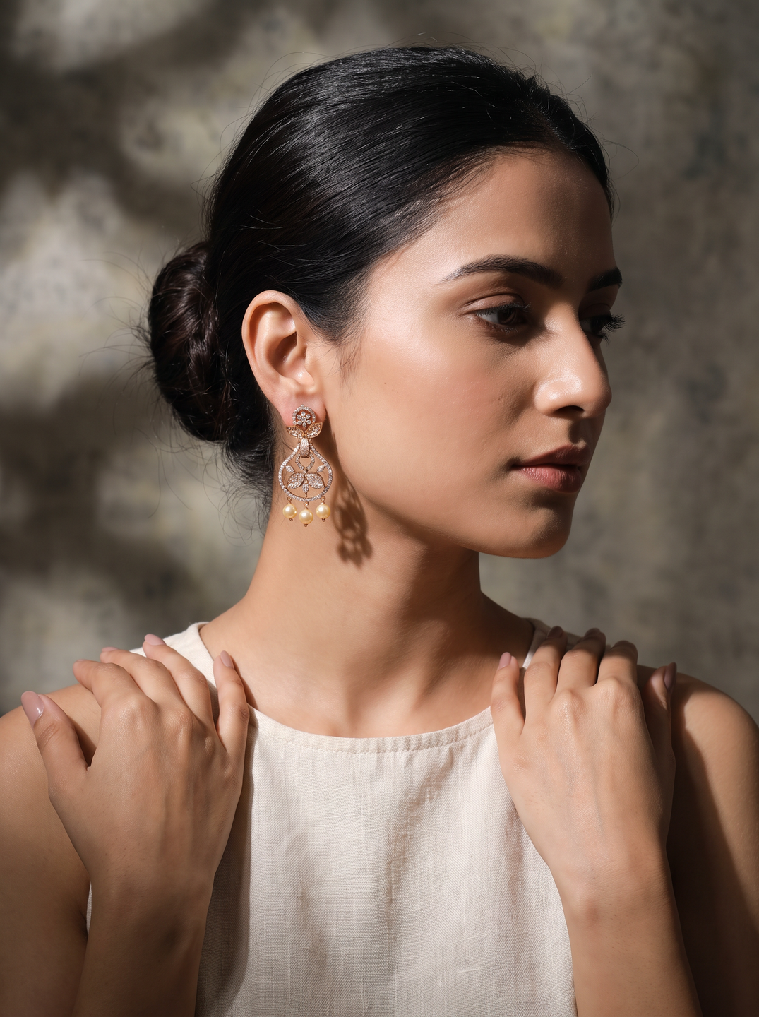 Rose Gold Plated White AD Chandbali Earrings with Pearl Drops