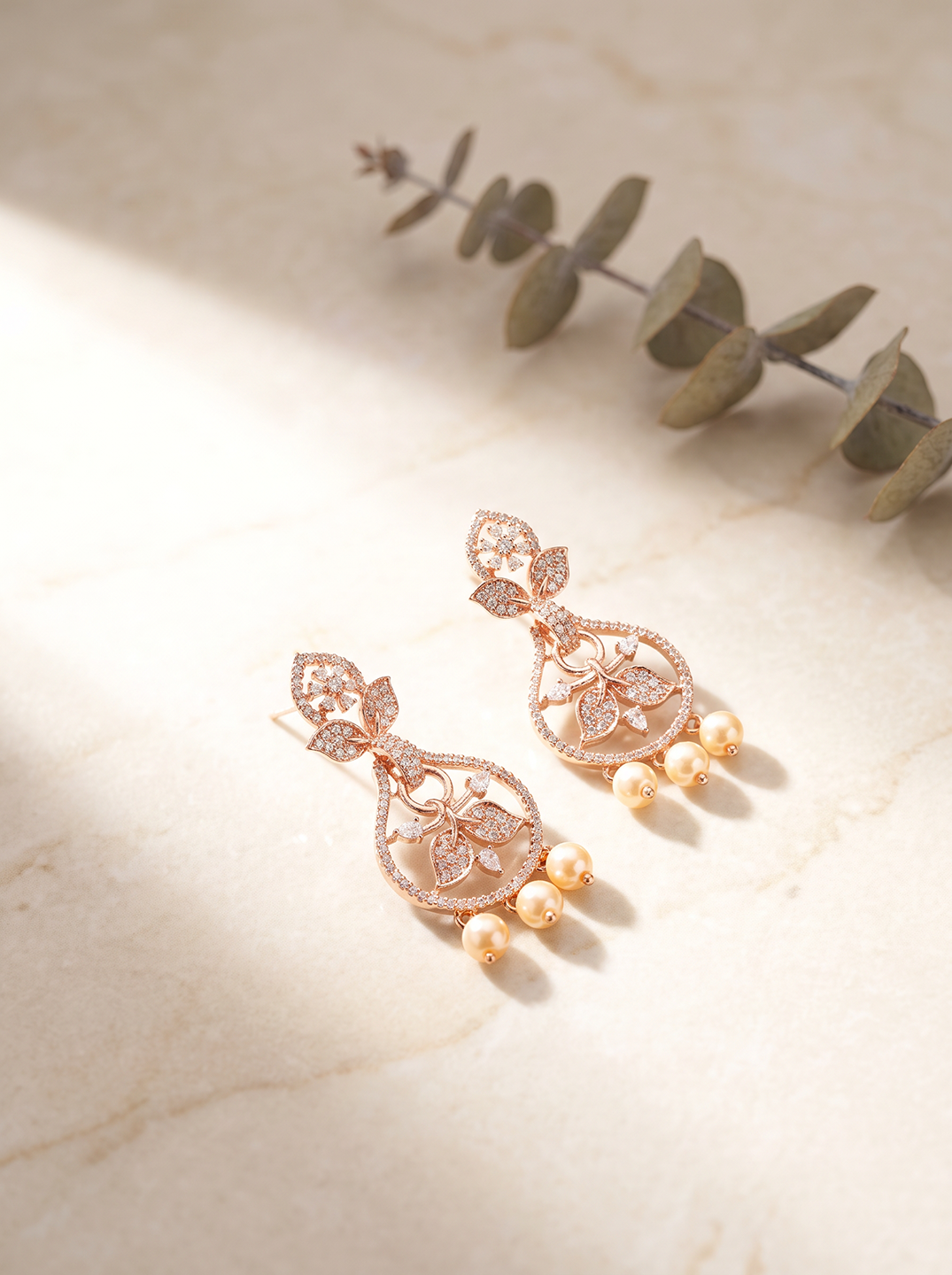 Rose Gold Plated White AD Chandbali Earrings with Pearl Drops