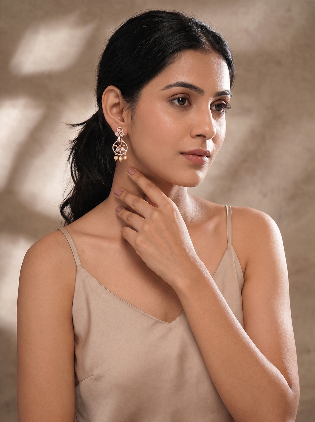 Rose Gold Plated White AD Chandbali Earrings with Pearl Drops