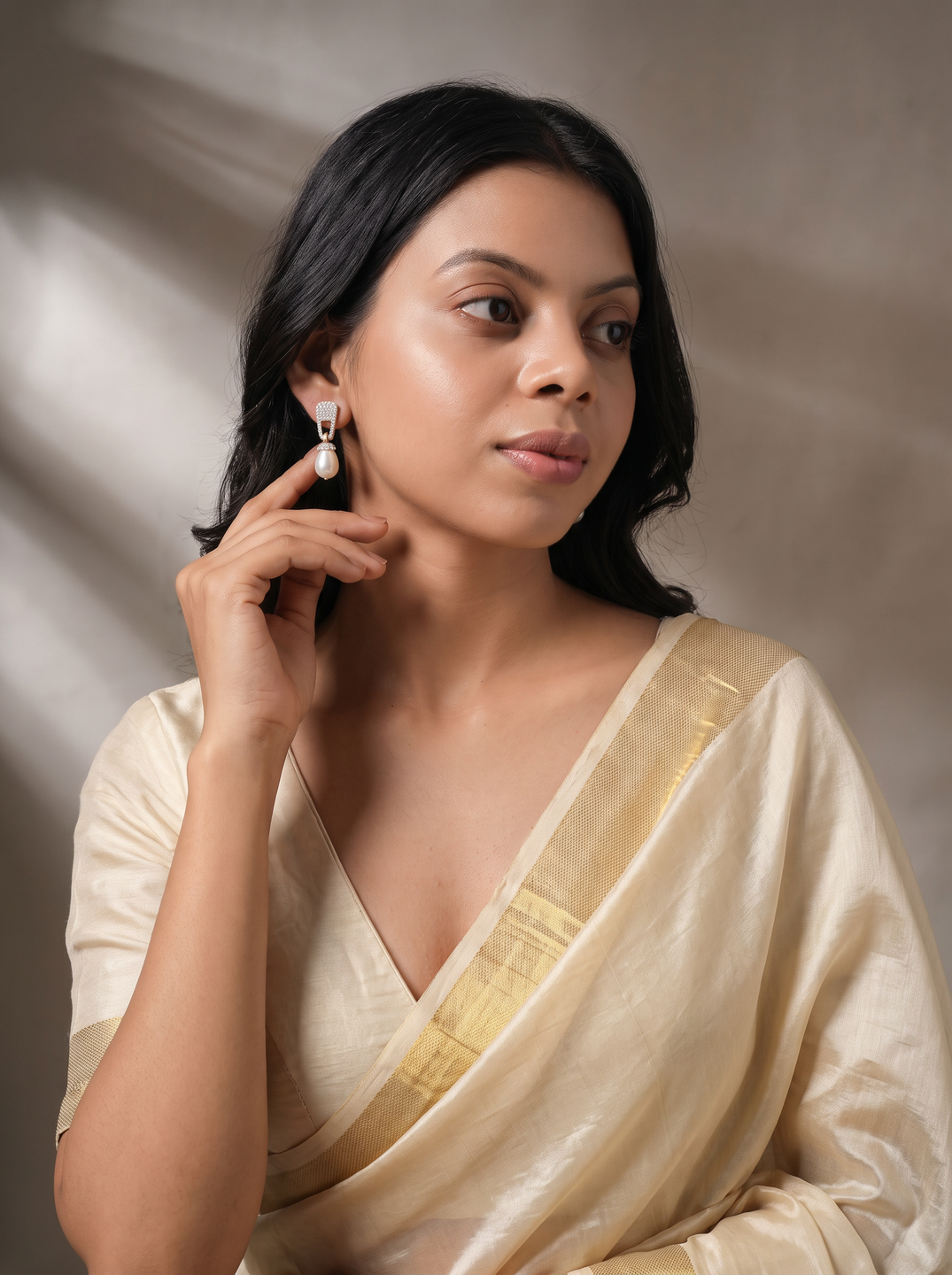 Gold Plated White AD Pearl Drop Earrings