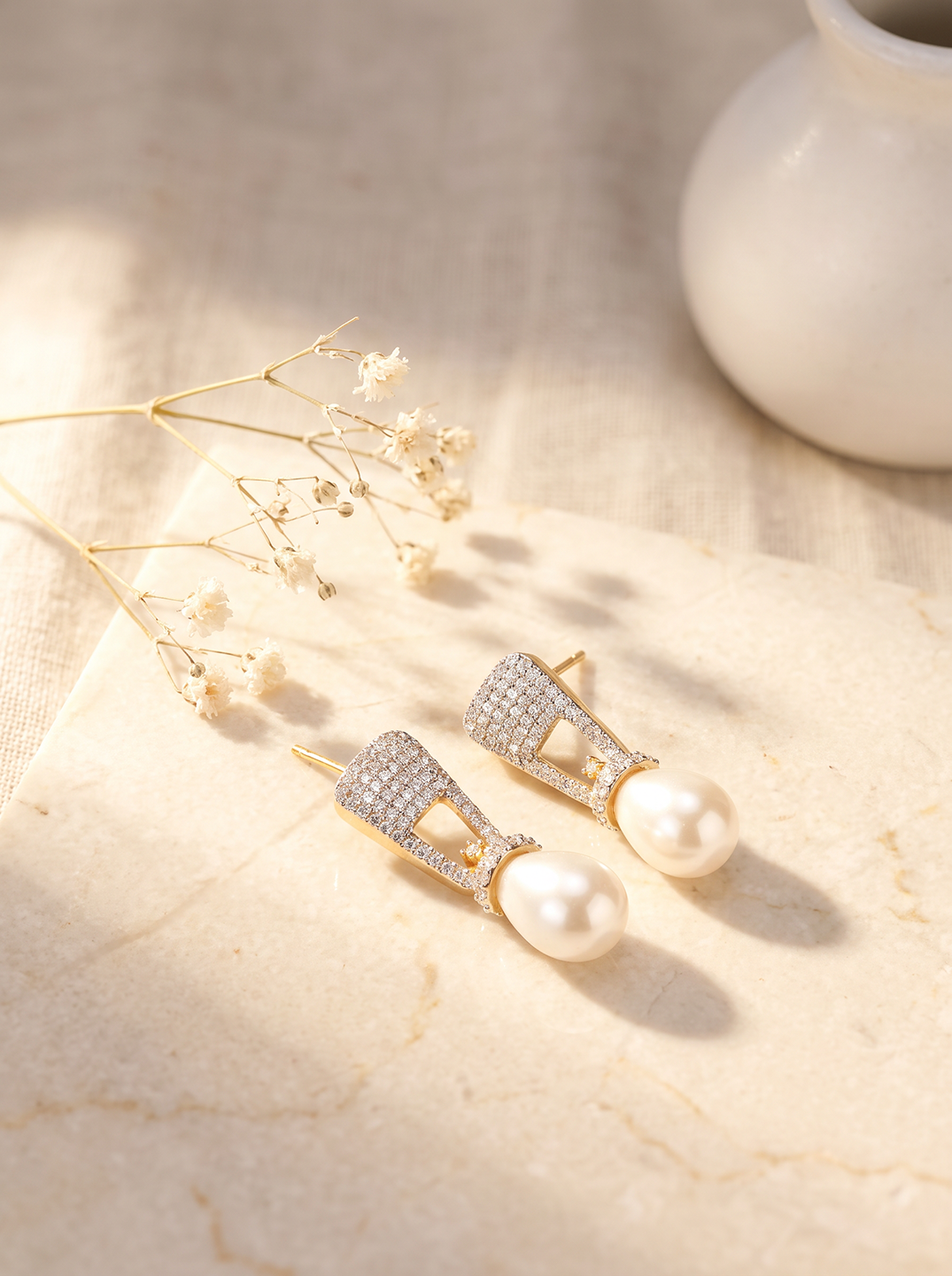 Gold Plated White AD Pearl Drop Earrings