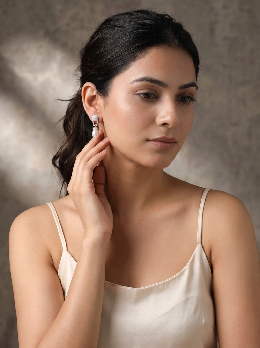 Gold Plated White AD Pearl Drop Earrings