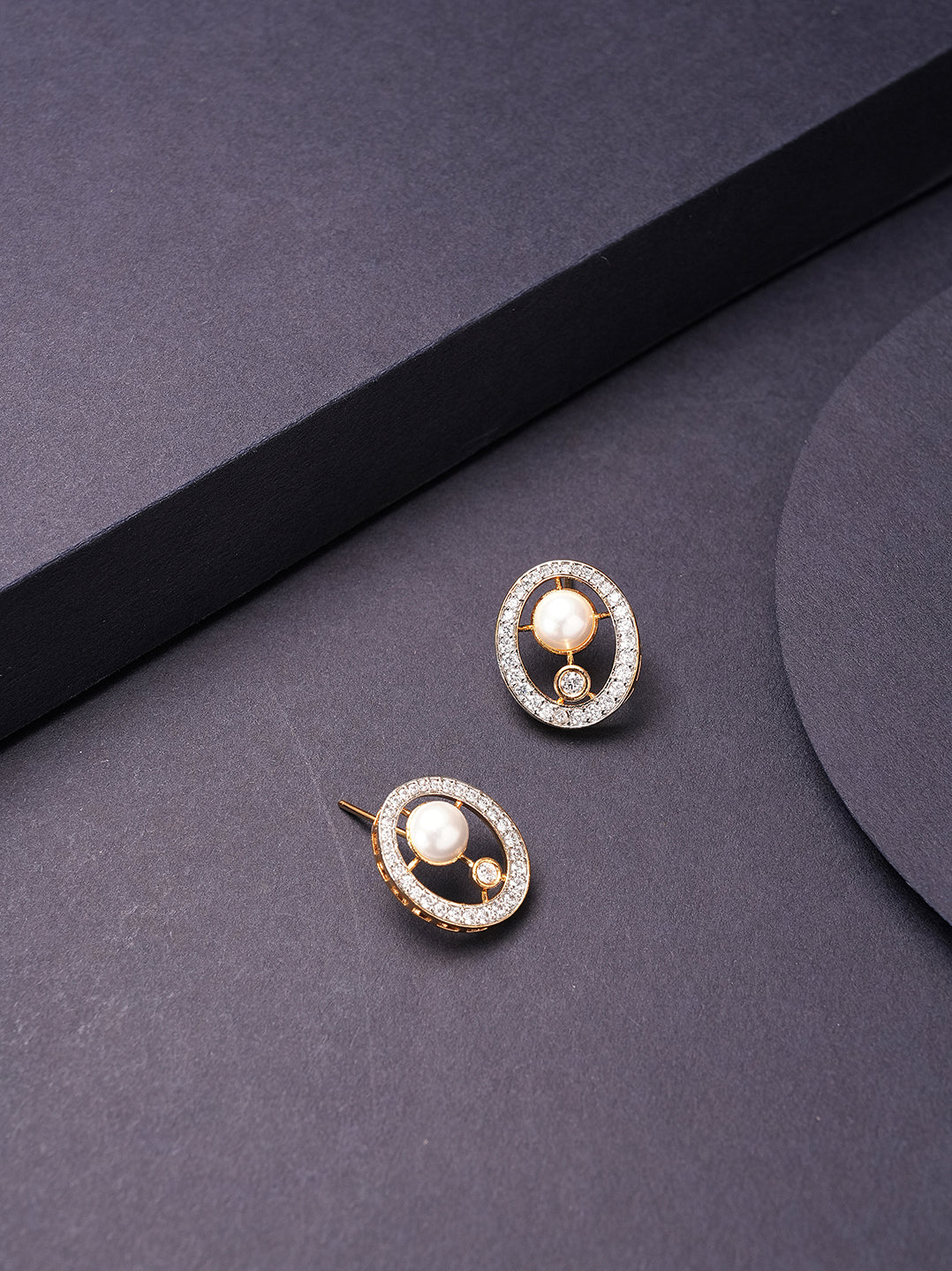 Rose gold plated AD oval pearl stud earrings