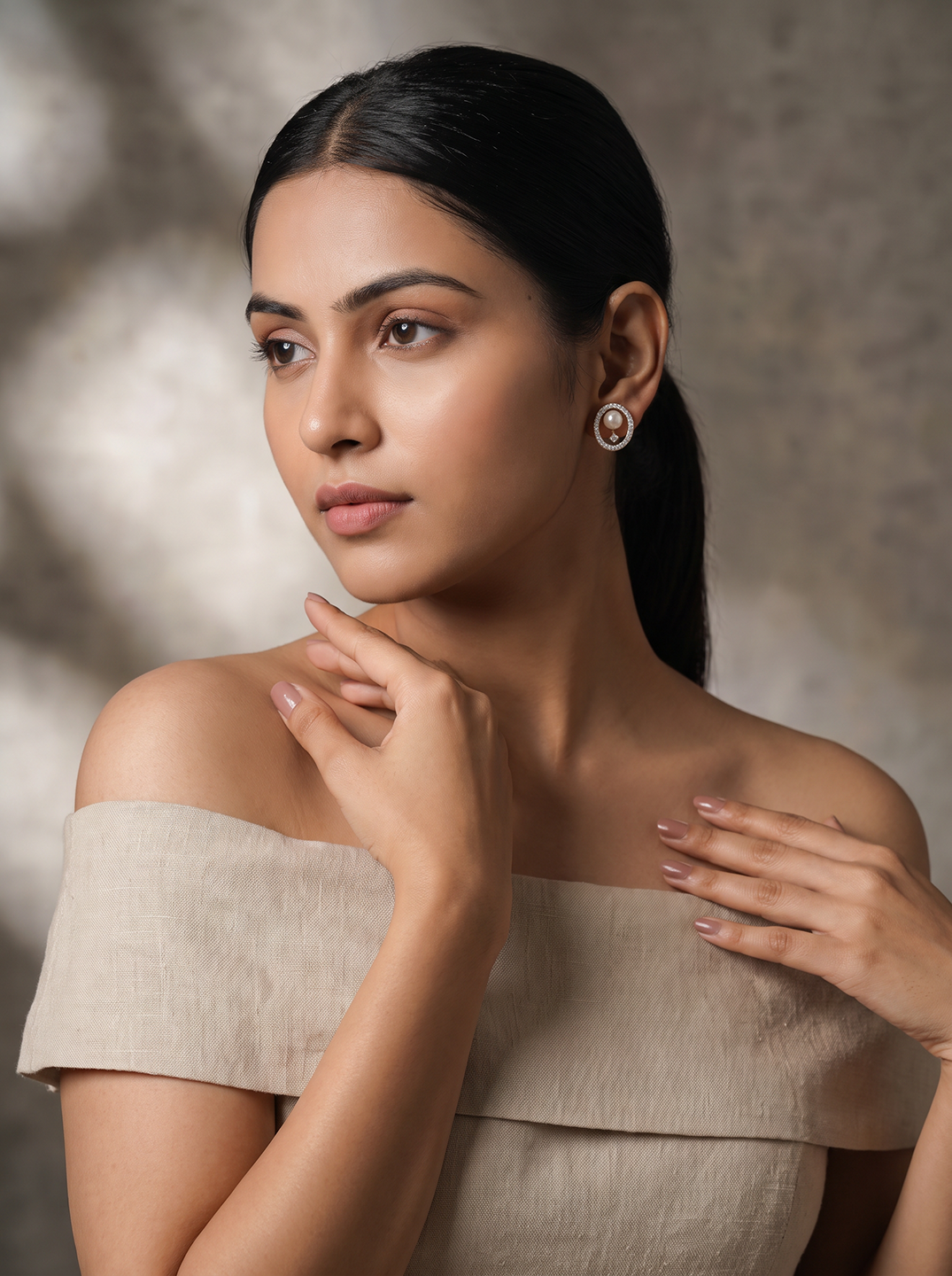 Rose Gold Plated White AD Oval Pearl Stud Earrings