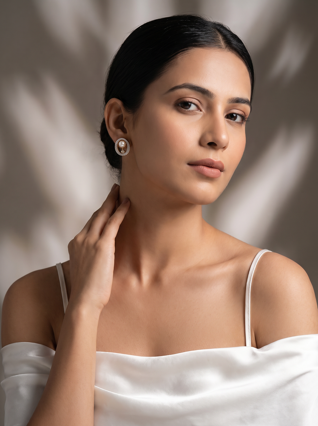 Rose Gold Plated White AD Oval Pearl Stud Earrings