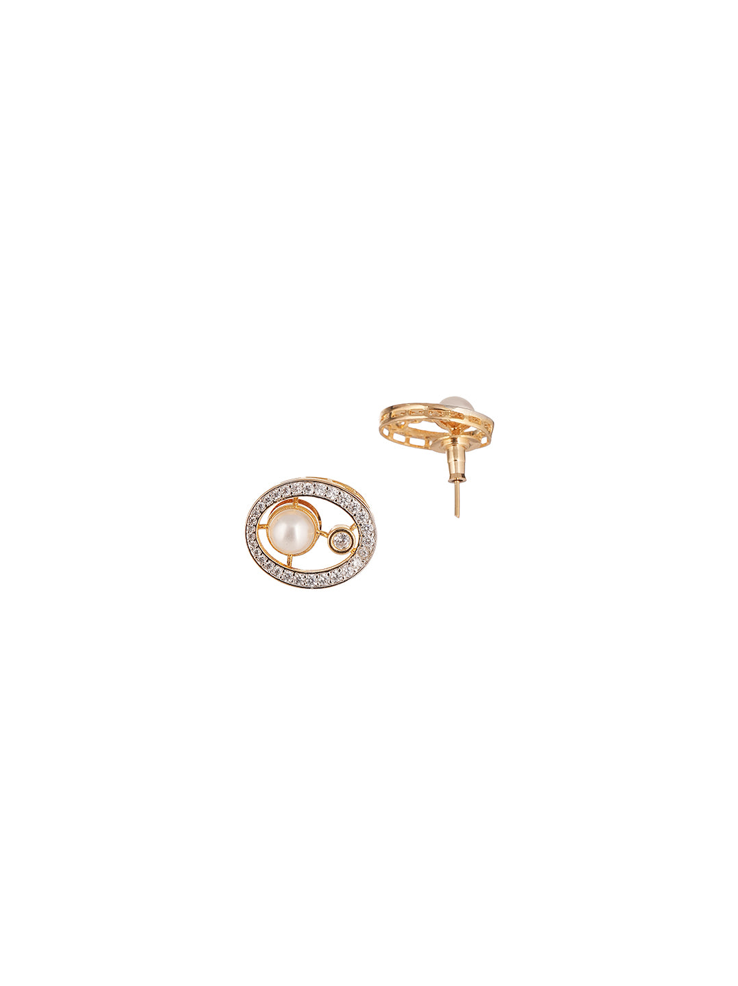 Rose Gold Plated White AD Oval Pearl Stud Earrings