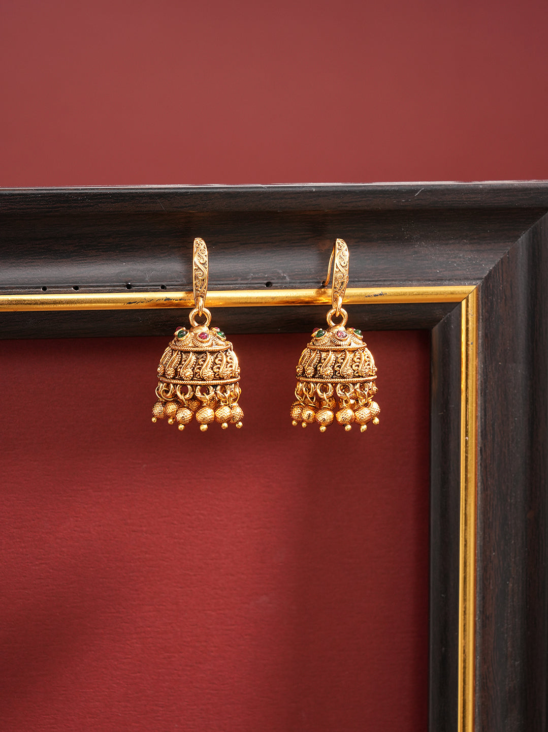 Antique gold temple hook jhumka earrings
