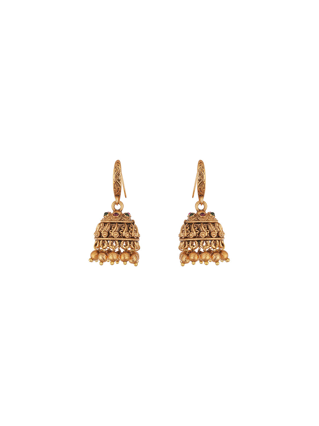 Antique Gold Plated Temple Hook Jhumka Earrings