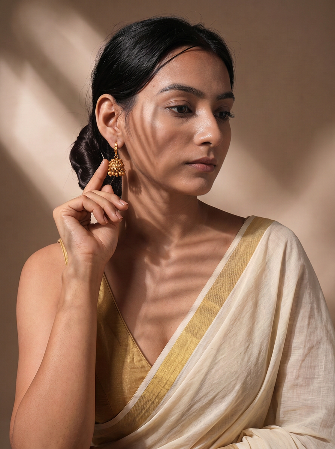 Antique Gold Plated Temple Hook Jhumka Earrings