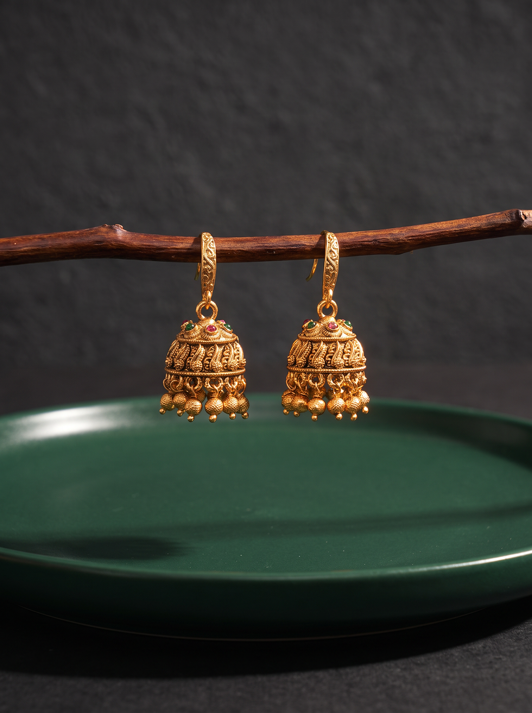 Antique Gold Plated Temple Hook Jhumka Earrings