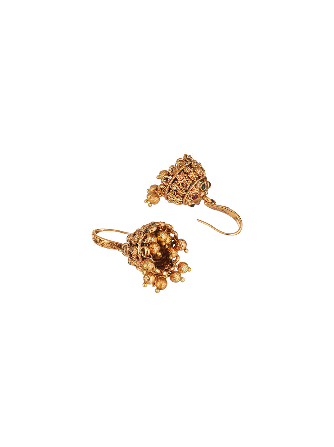 Antique Gold Plated Temple Hook Jhumka Earrings