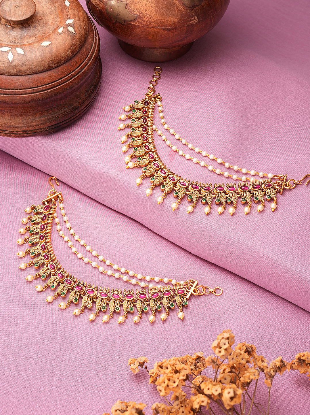 Antique gold ruby stone layered bahubali ear chain earrings