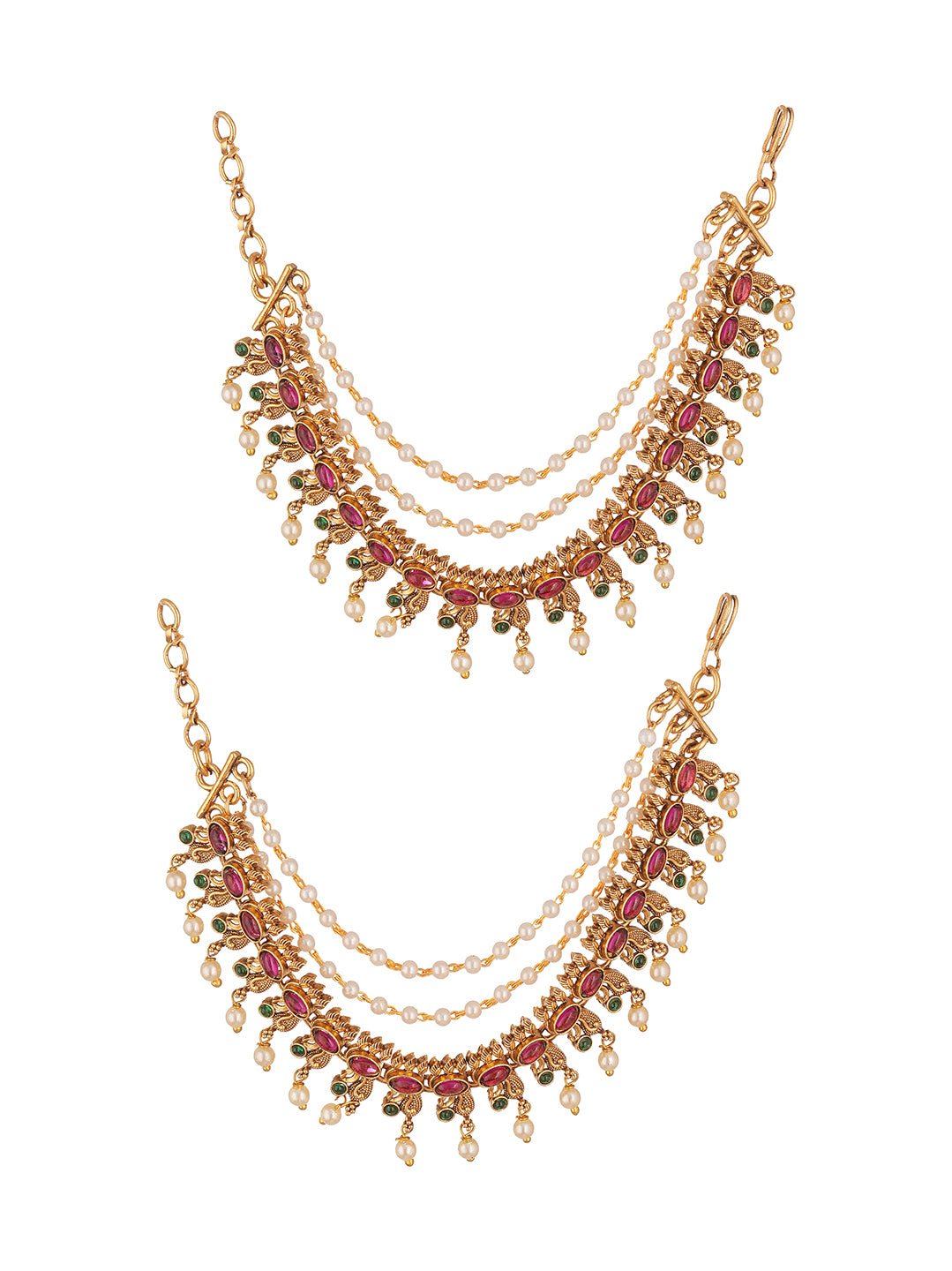Antique Gold Plated Ruby Stone Layered Bahubali Ear Chain Earrings (Kaan Chain)