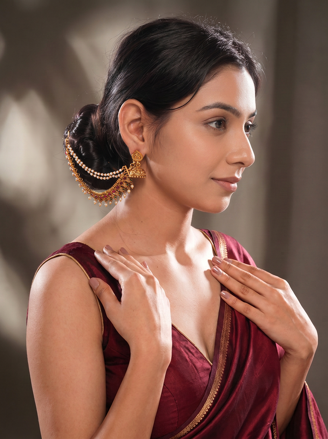 Antique Gold Plated Ruby Stone Layered Bahubali Ear Chain Earrings (Kaan Chain)