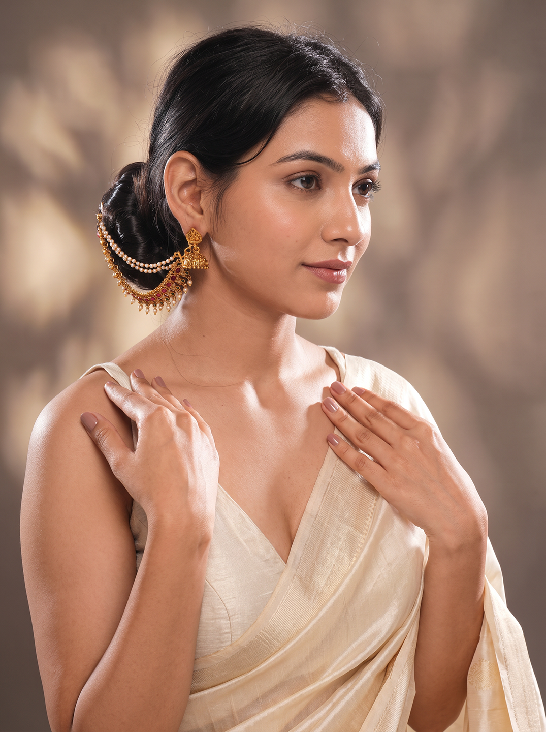 Antique Gold Plated Ruby Stone Layered Bahubali Ear Chain Earrings (Kaan Chain)