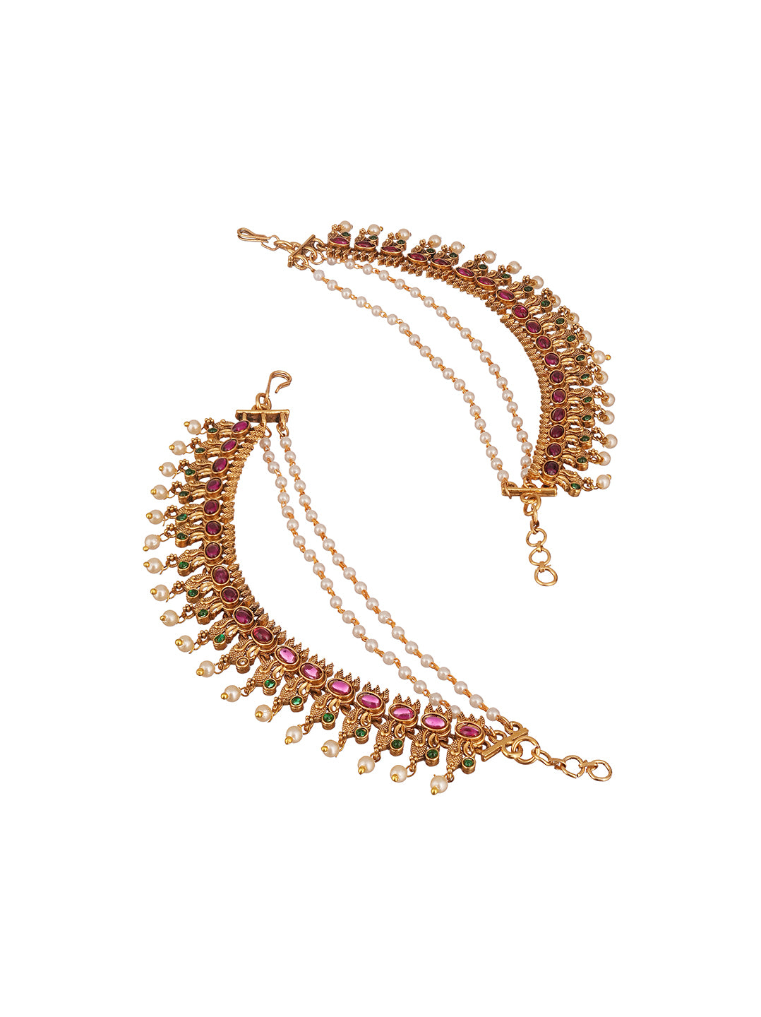 Antique Gold Plated Ruby Stone Layered Bahubali Ear Chain Earrings (Kaan Chain)