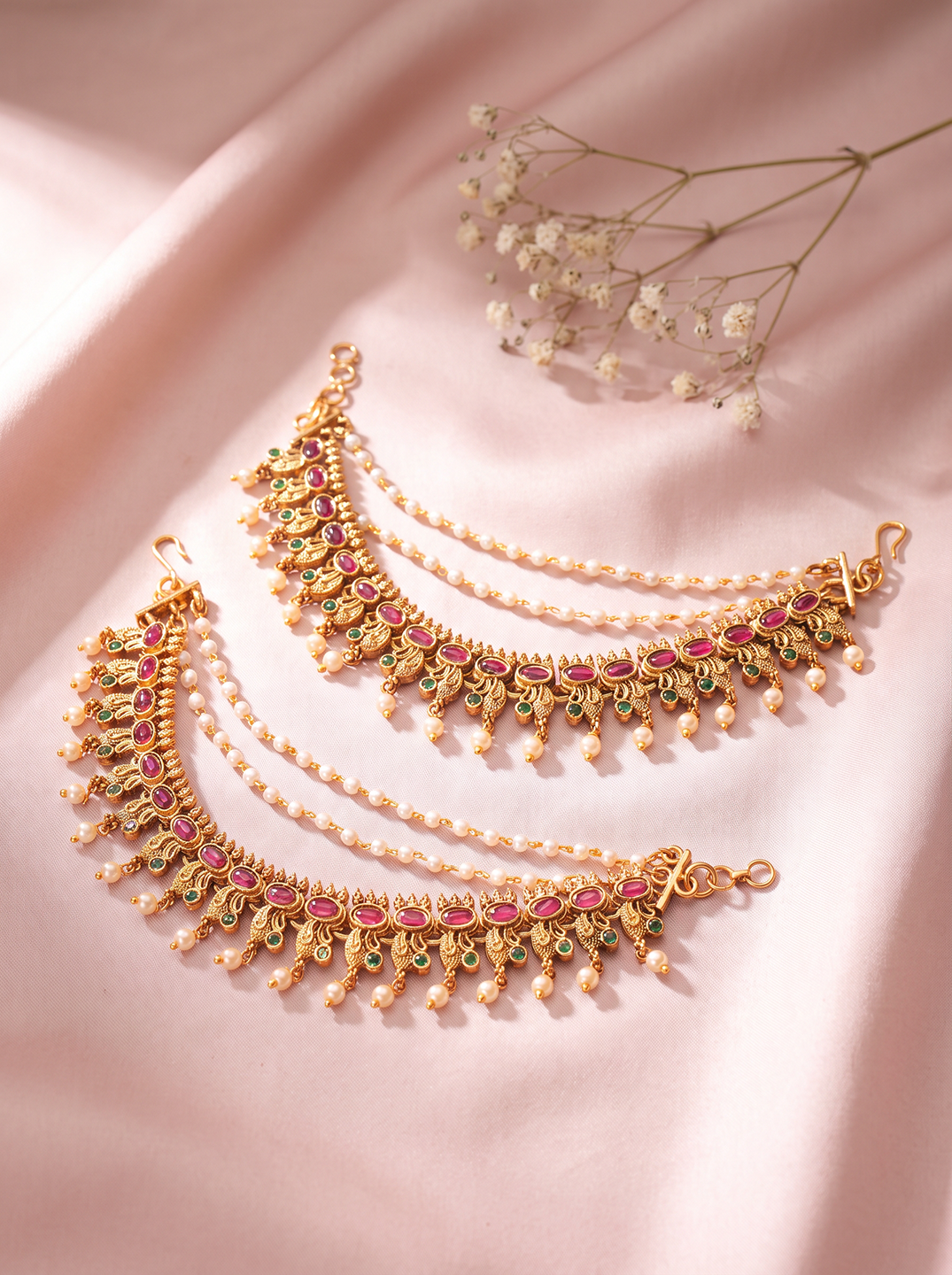 Antique Gold Plated Ruby Stone Layered Bahubali Ear Chain Earrings (Kaan Chain)
