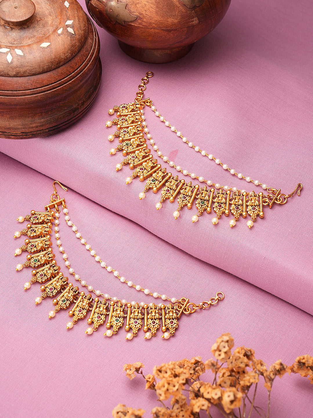 Antique gold pearl layered bahubali ear chain earrings