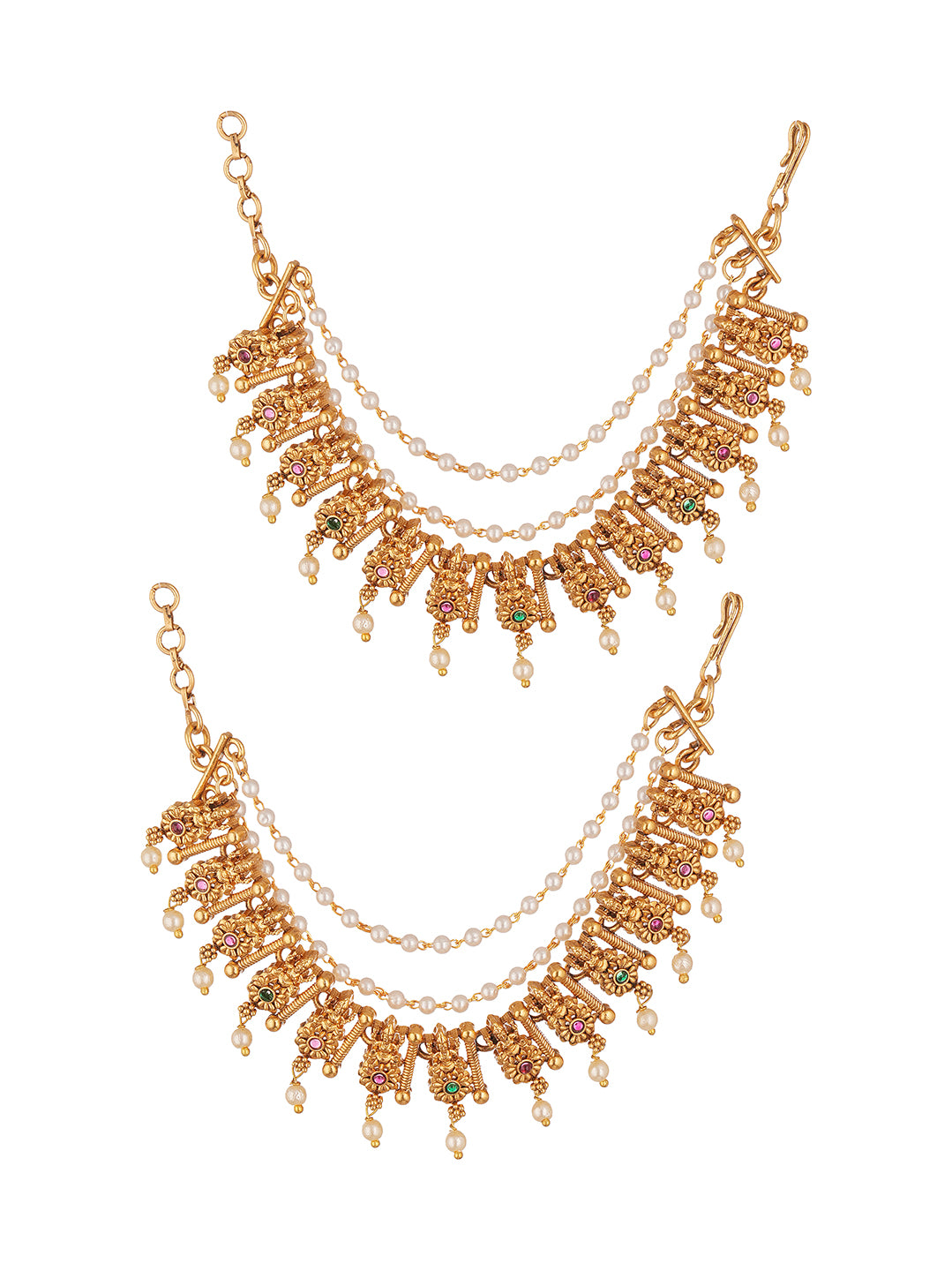 Antique Gold Plated Pearl Layered Bahubali Ear Chain Earrings (Kaan Chain)