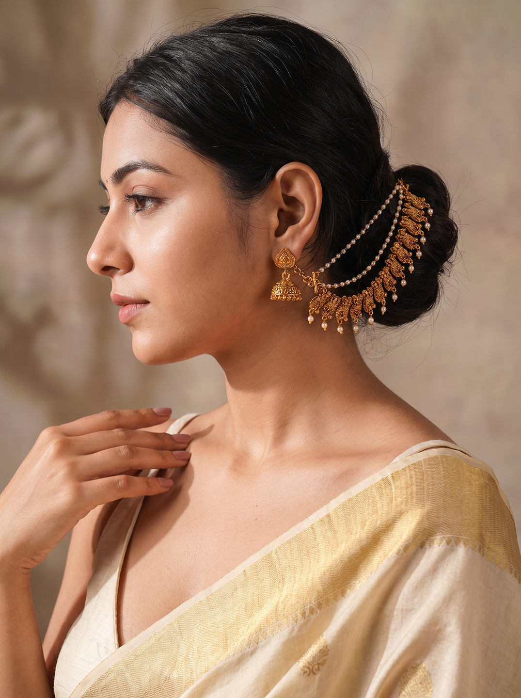 Antique Gold Plated Pearl Layered Bahubali Ear Chain Earrings (Kaan Chain)