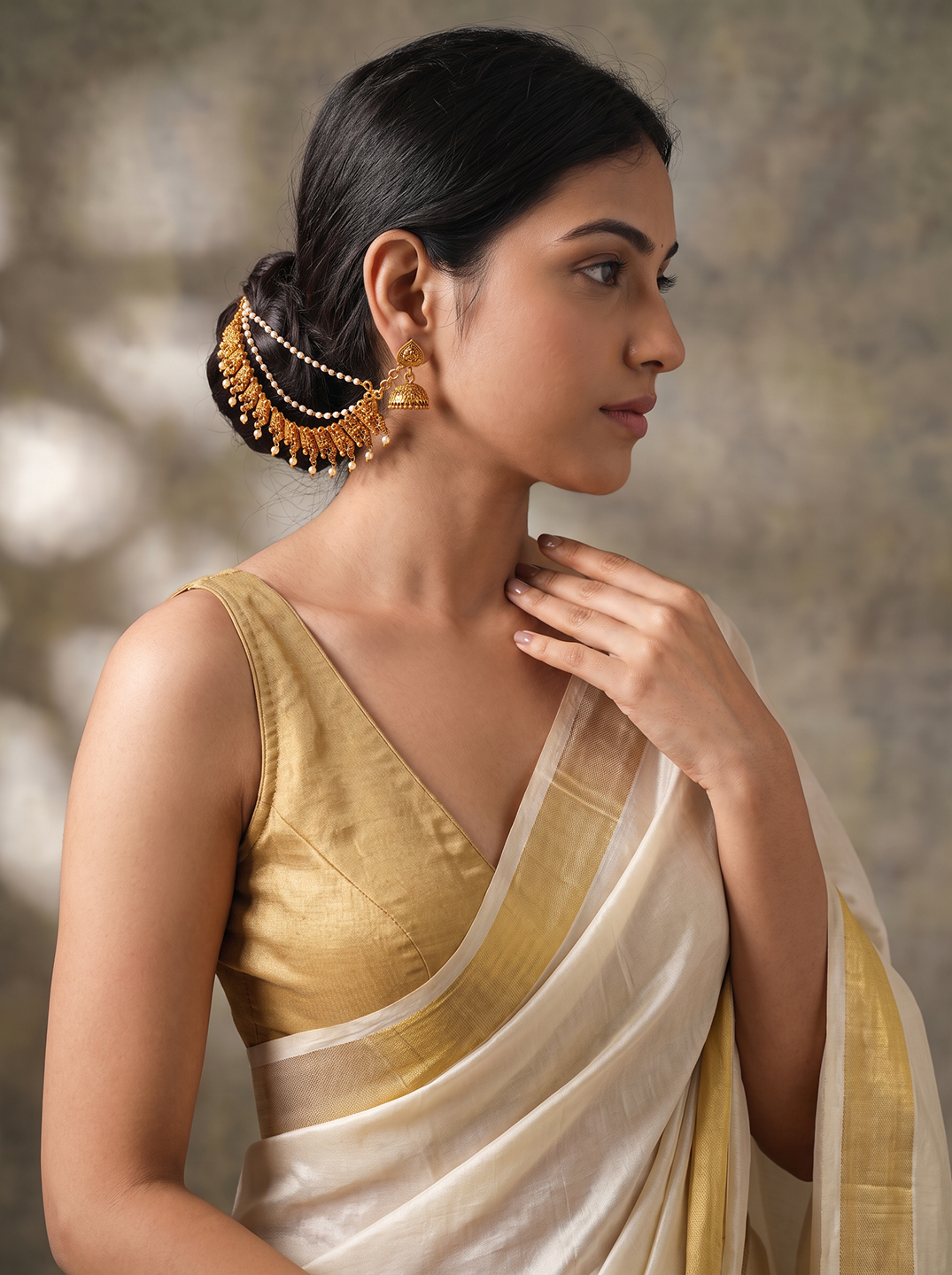 Antique Gold Plated Pearl Layered Bahubali Ear Chain Earrings (Kaan Chain)