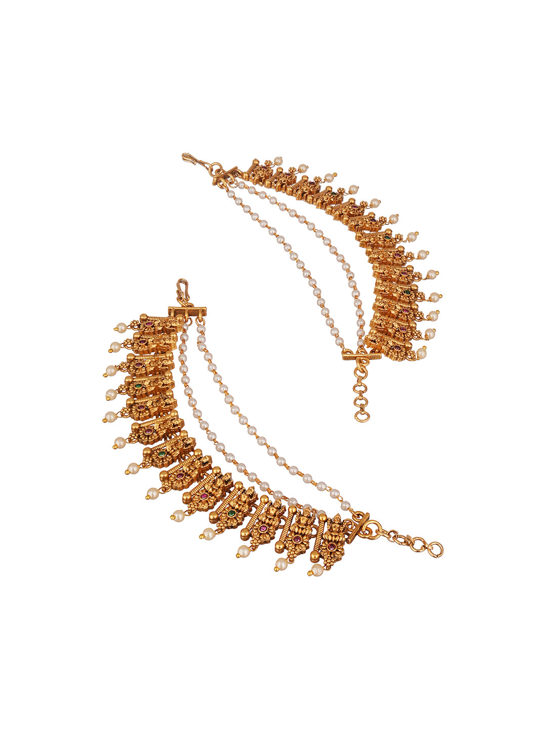 Antique Gold Plated Pearl Layered Bahubali Ear Chain Earrings (Kaan Chain)