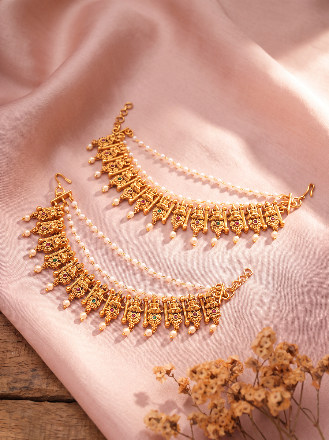 Antique Gold Plated Pearl Layered Bahubali Ear Chain Earrings (Kaan Chain)