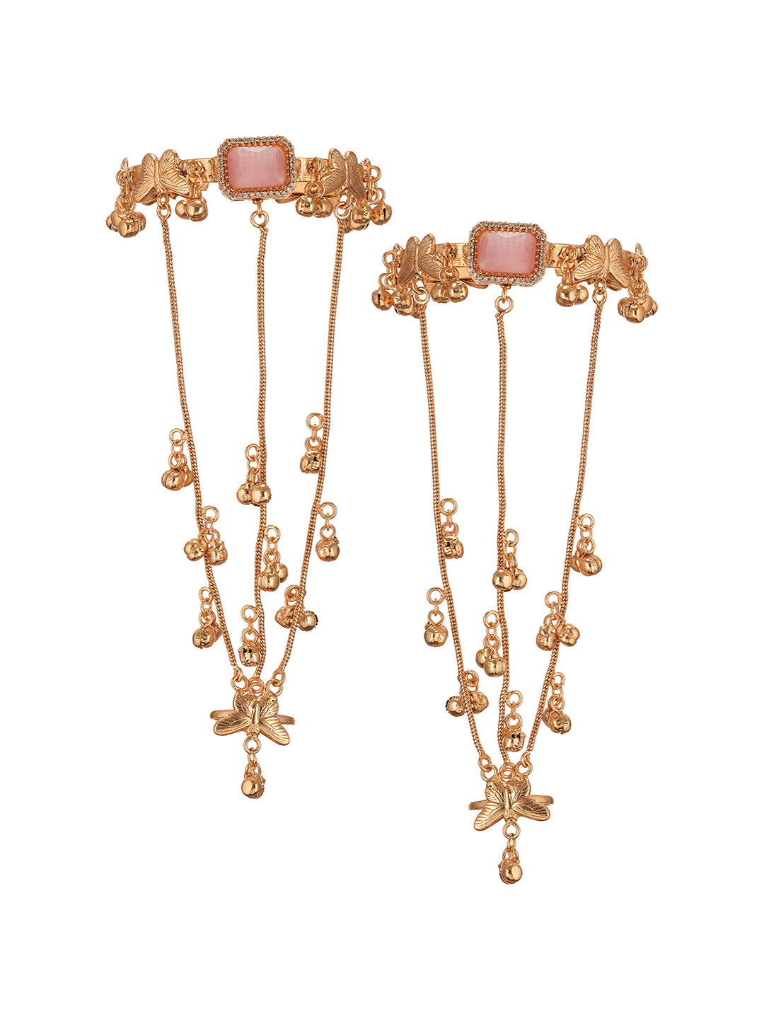 Set Of 2 22k Gold Plated Pink AD Kashmiri Ghungroo Hand Harness Adjustable Cuff Bracelet Hathphool