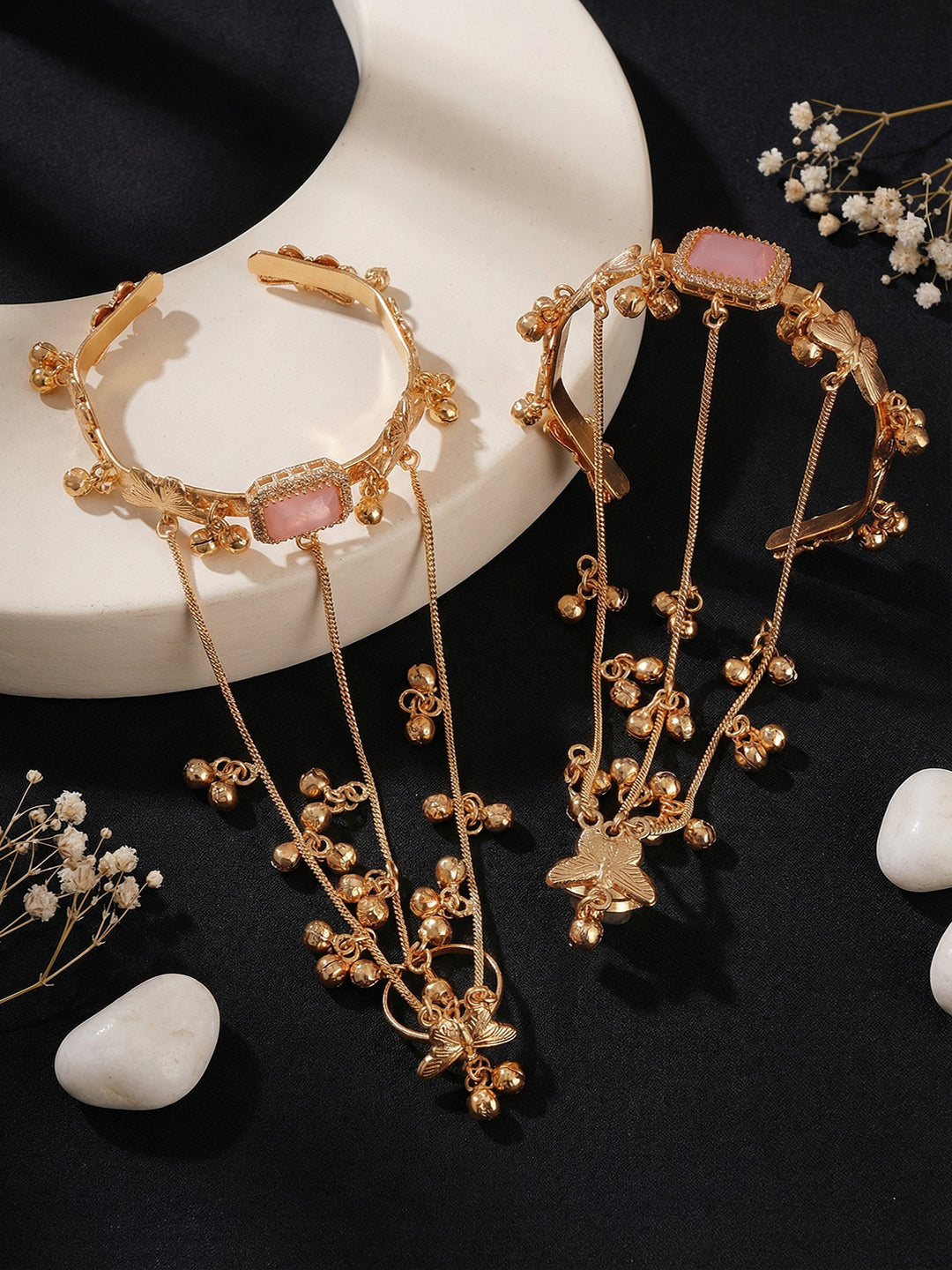 Set Of 2 22k Gold Plated Pink AD Kashmiri Ghungroo Hand Harness Adjustable Cuff Bracelet Hathphool