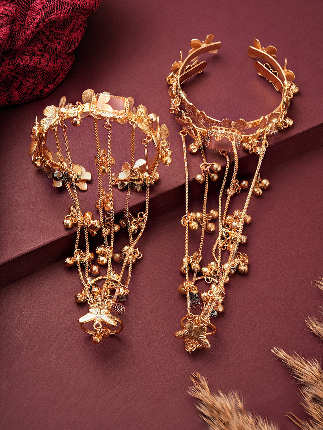 Set Of 2 22k Gold Plated Pink AD Kashmiri Ghungroo Hand Harness Adjustable Cuff Bracelet Hathphool