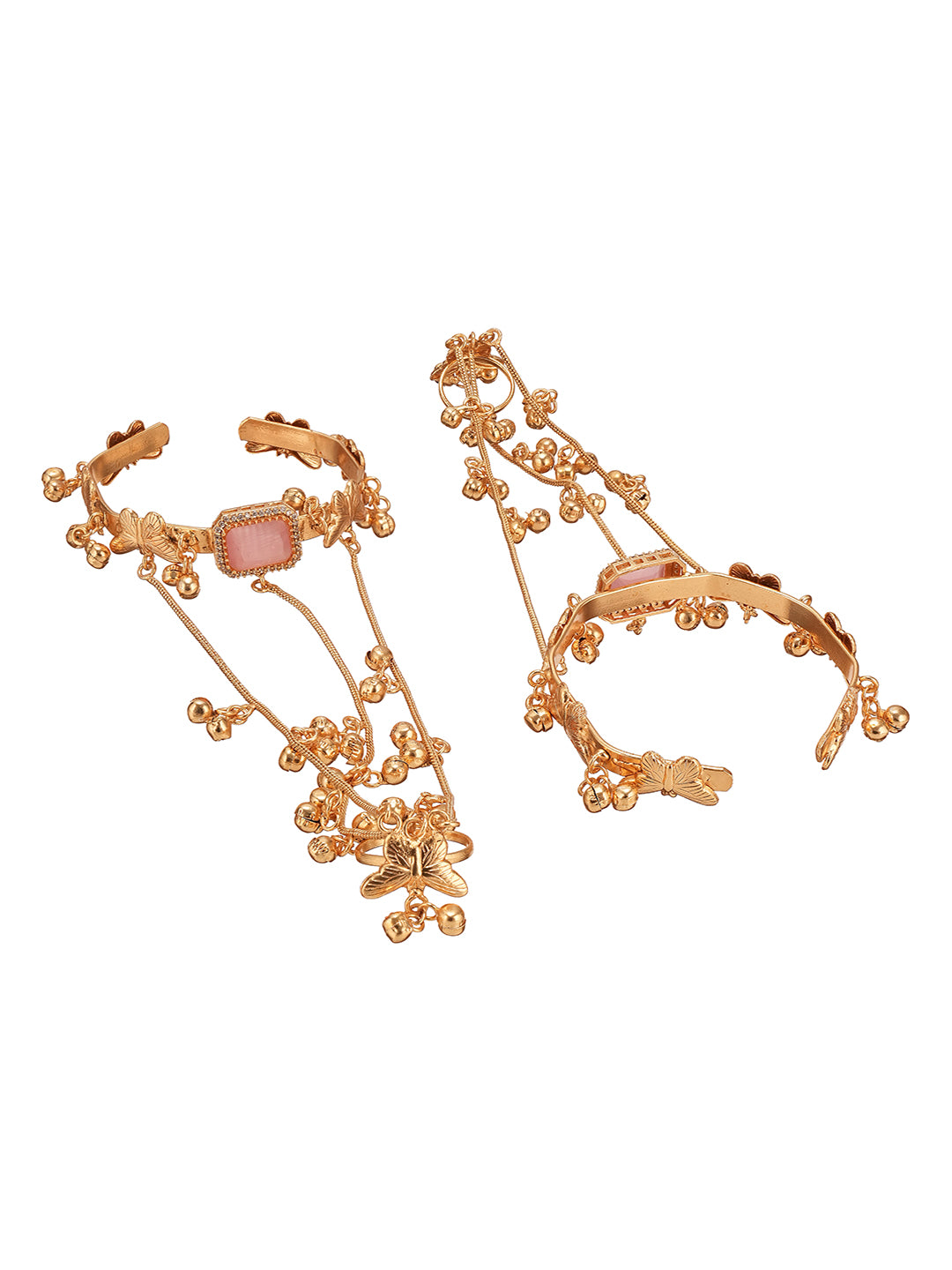 Set Of 2 22k Gold Plated Pink AD Kashmiri Ghungroo Hand Harness Adjustable Cuff Bracelet Hathphool