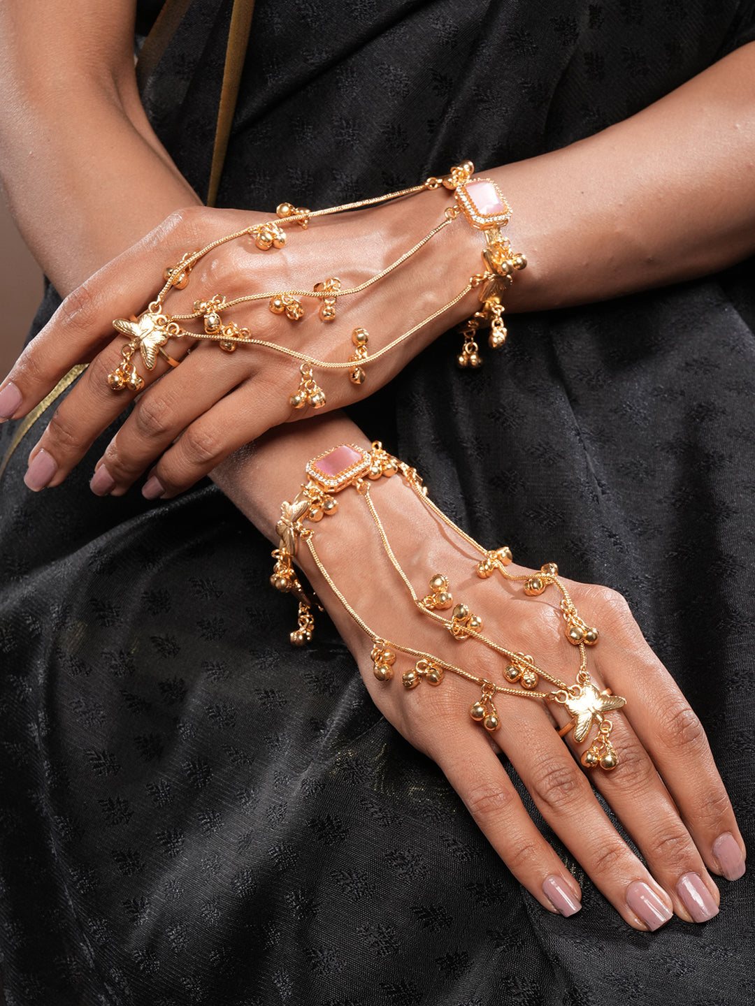 Set Of 2 22k Gold Plated Pink AD Kashmiri Ghungroo Hand Harness Adjustable Cuff Bracelet Hathphool