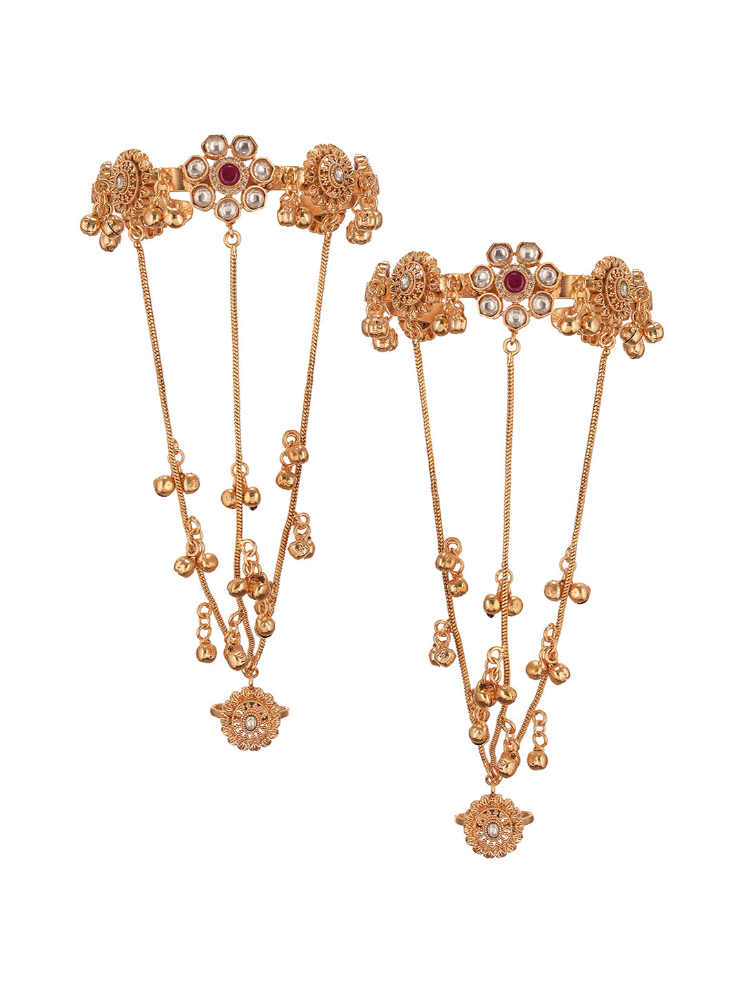 Set Of 2 22k Gold Plated Kundan Flower Kashmiri Ghungroo Bridal Hathphool