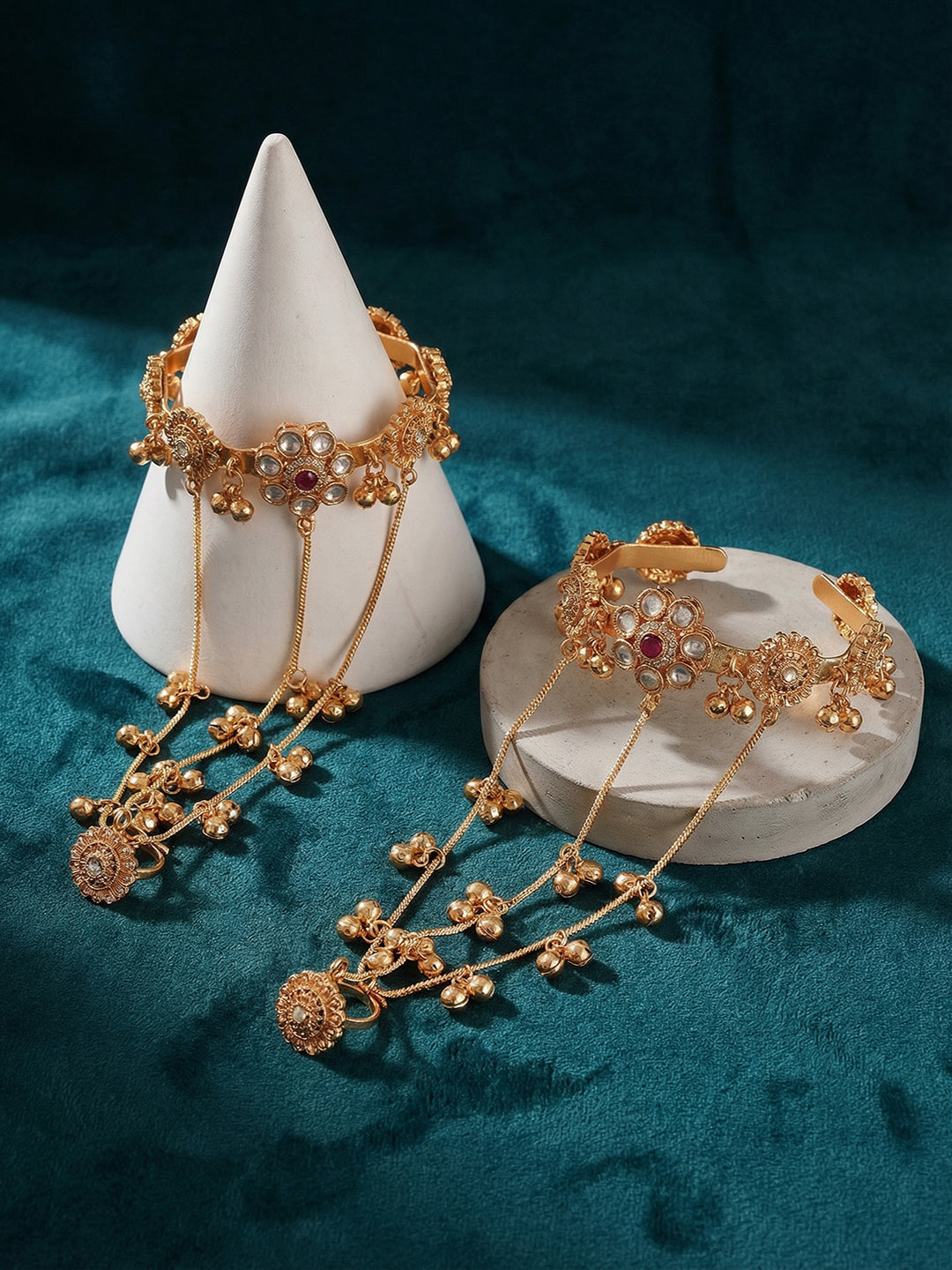 Set Of 2 22k Gold Plated Kundan Flower Kashmiri Ghungroo Bridal Hathphool
