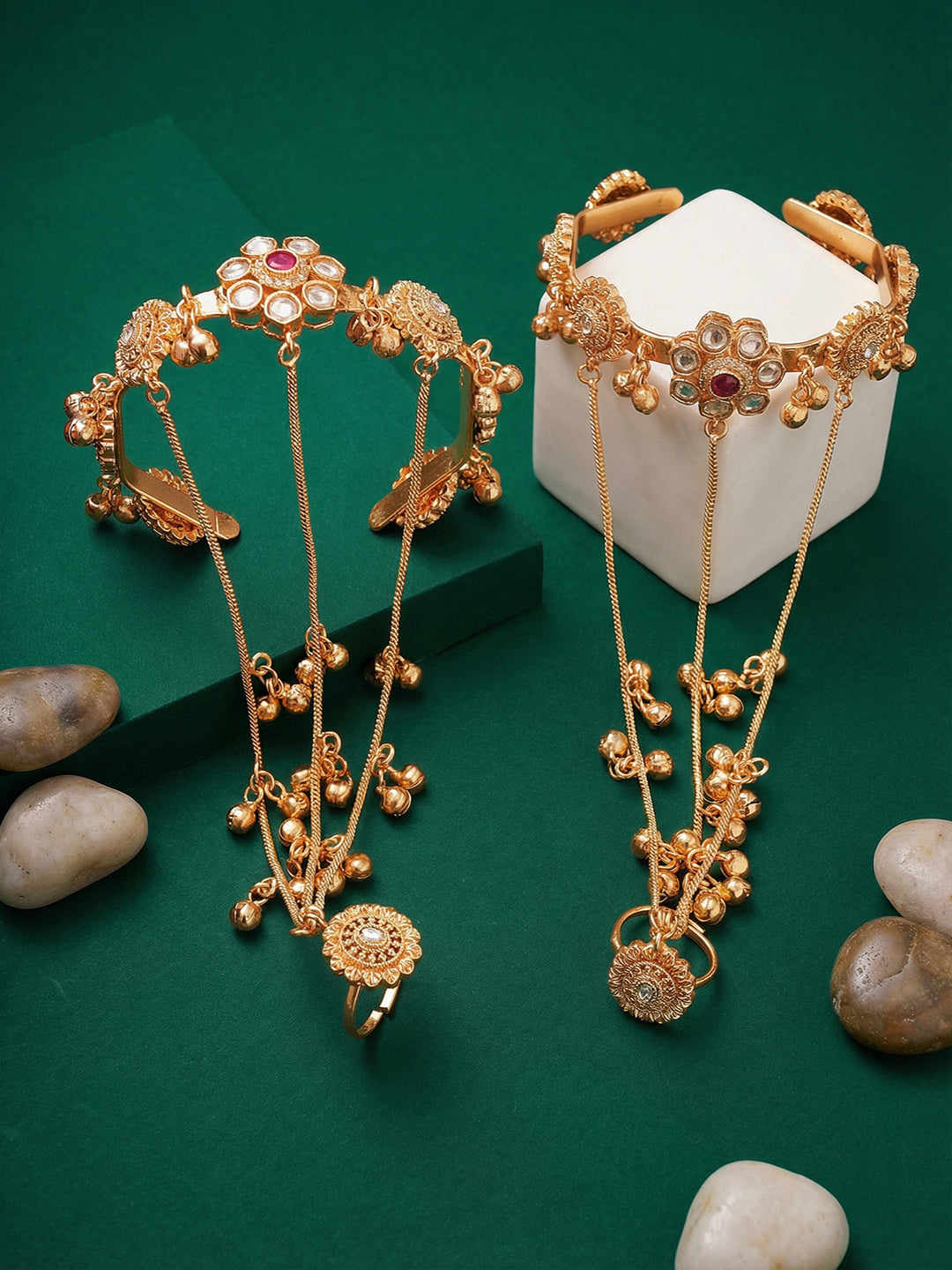 Set Of 2 22k Gold Plated Kundan Flower Kashmiri Ghungroo Bridal Hathphool