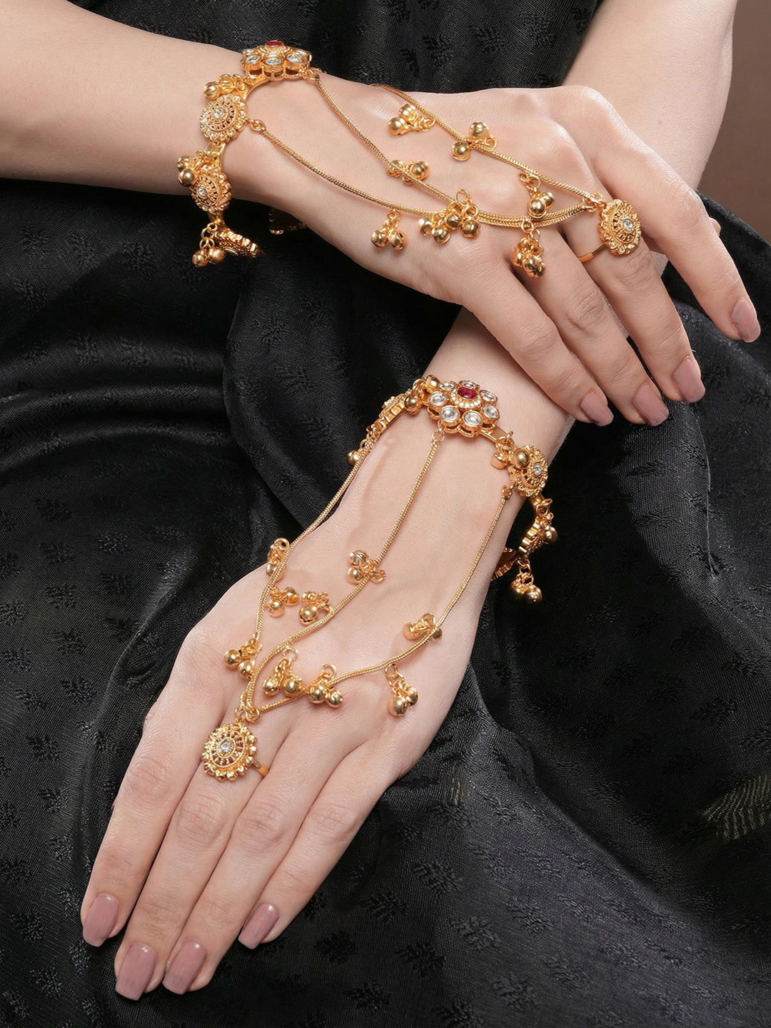 Set Of 2 22k Gold Plated Kundan Flower Kashmiri Ghungroo Bridal Hathphool