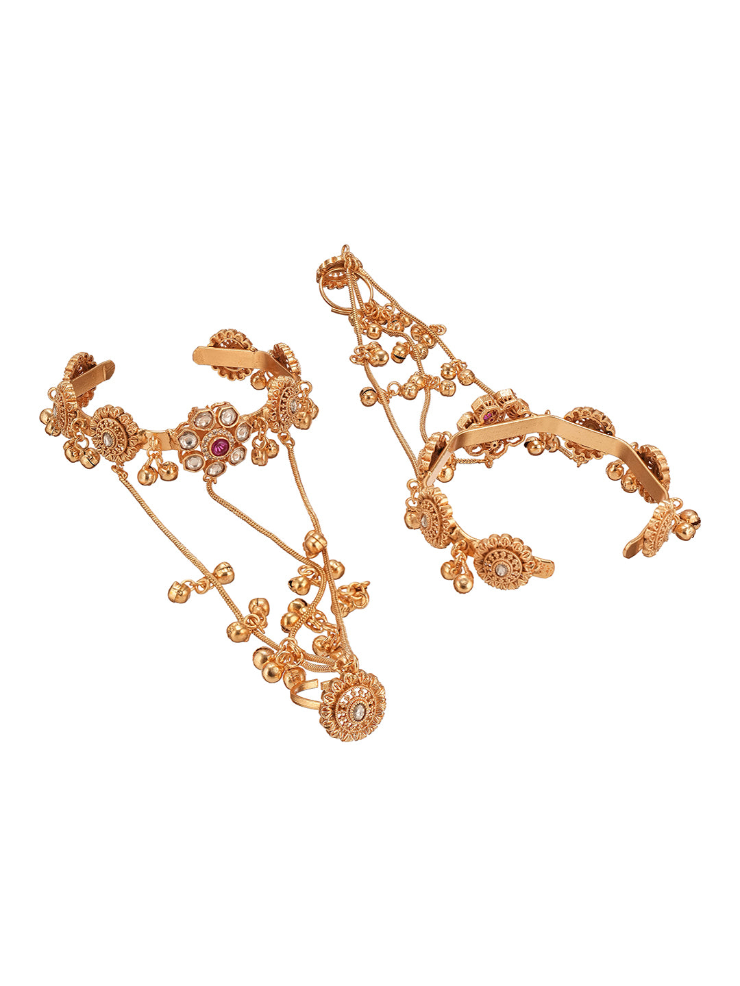 Set Of 2 22k Gold Plated Kundan Flower Kashmiri Ghungroo Bridal Hathphool