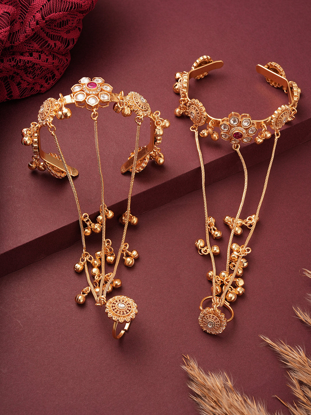 Set Of 2 22k Gold Plated Kundan Flower Kashmiri Ghungroo Bridal Hathphool