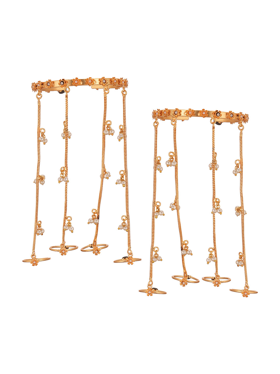 Set Of 2 Gold Plated Pearl Beaded Multi Chain With Rings Minimal Hathphool