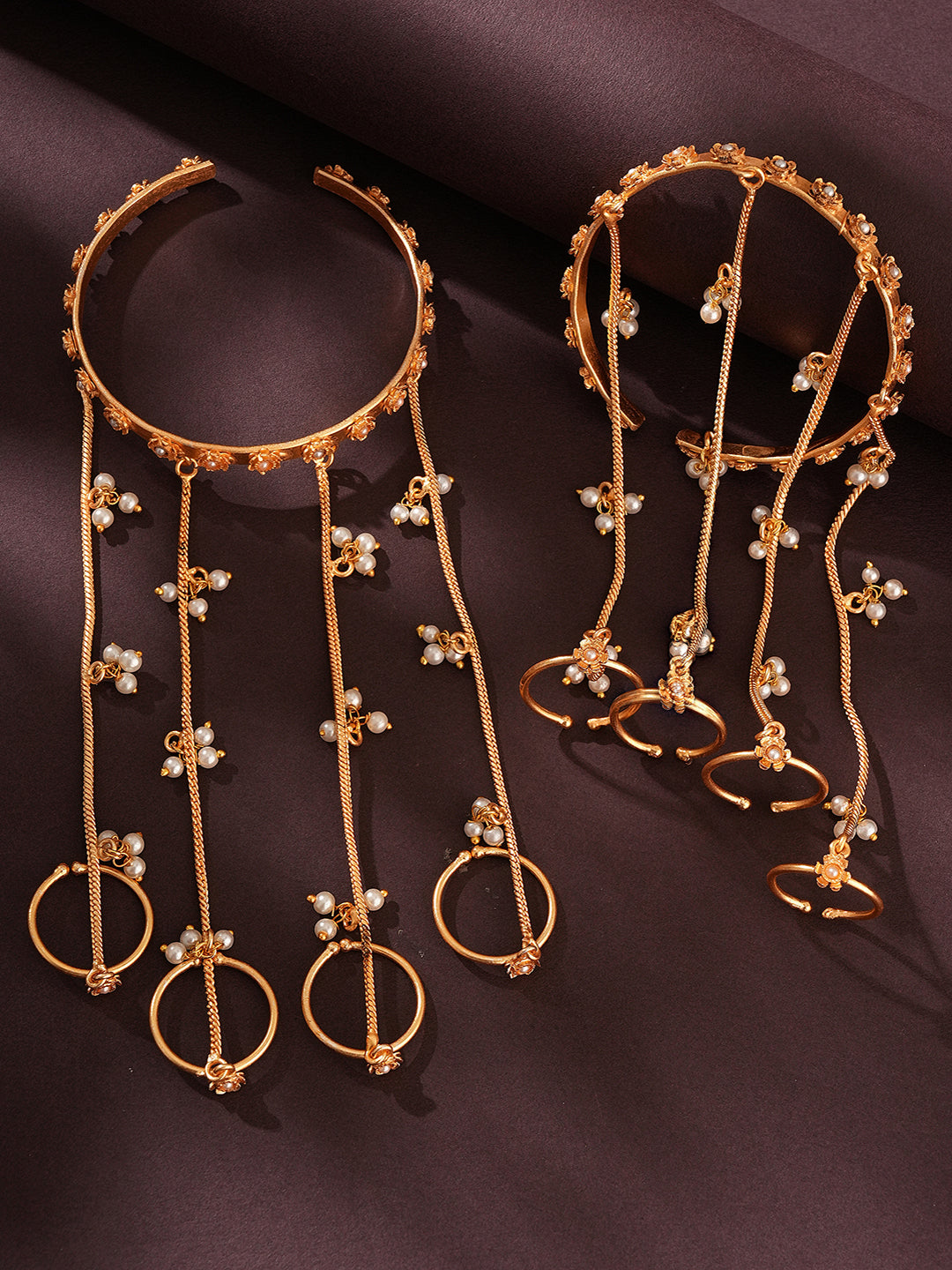 Set Of 2 Gold Plated Pearl Beaded Multi Chain With Rings Minimal Hathphool