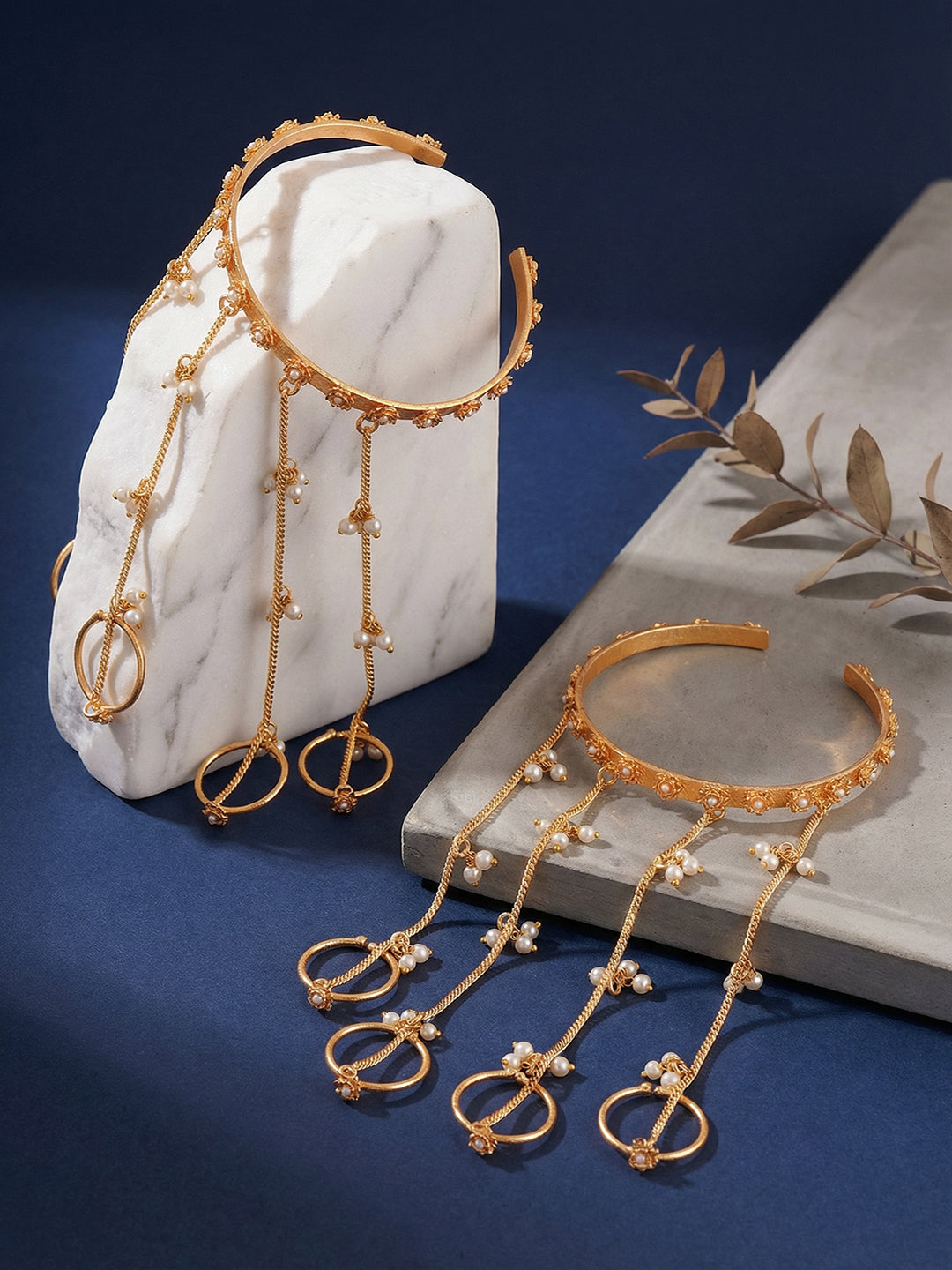 Set Of 2 Gold Plated Pearl Beaded Multi Chain With Rings Minimal Hathphool