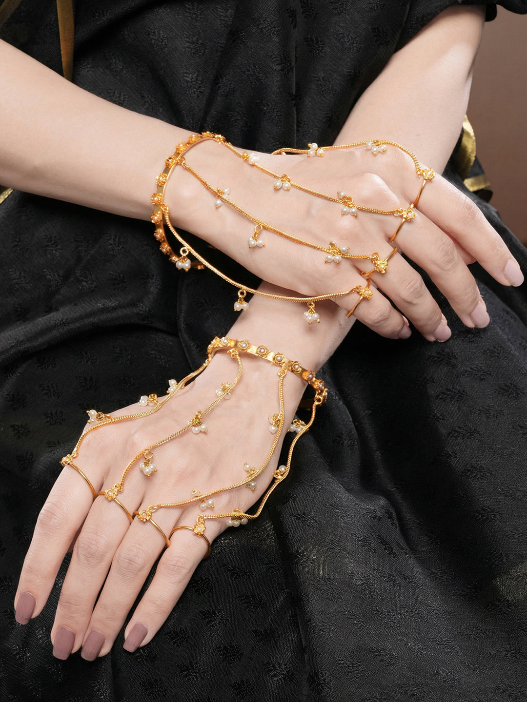Set Of 2 Gold Plated Pearl Beaded Multi Chain With Rings Minimal Hathphool