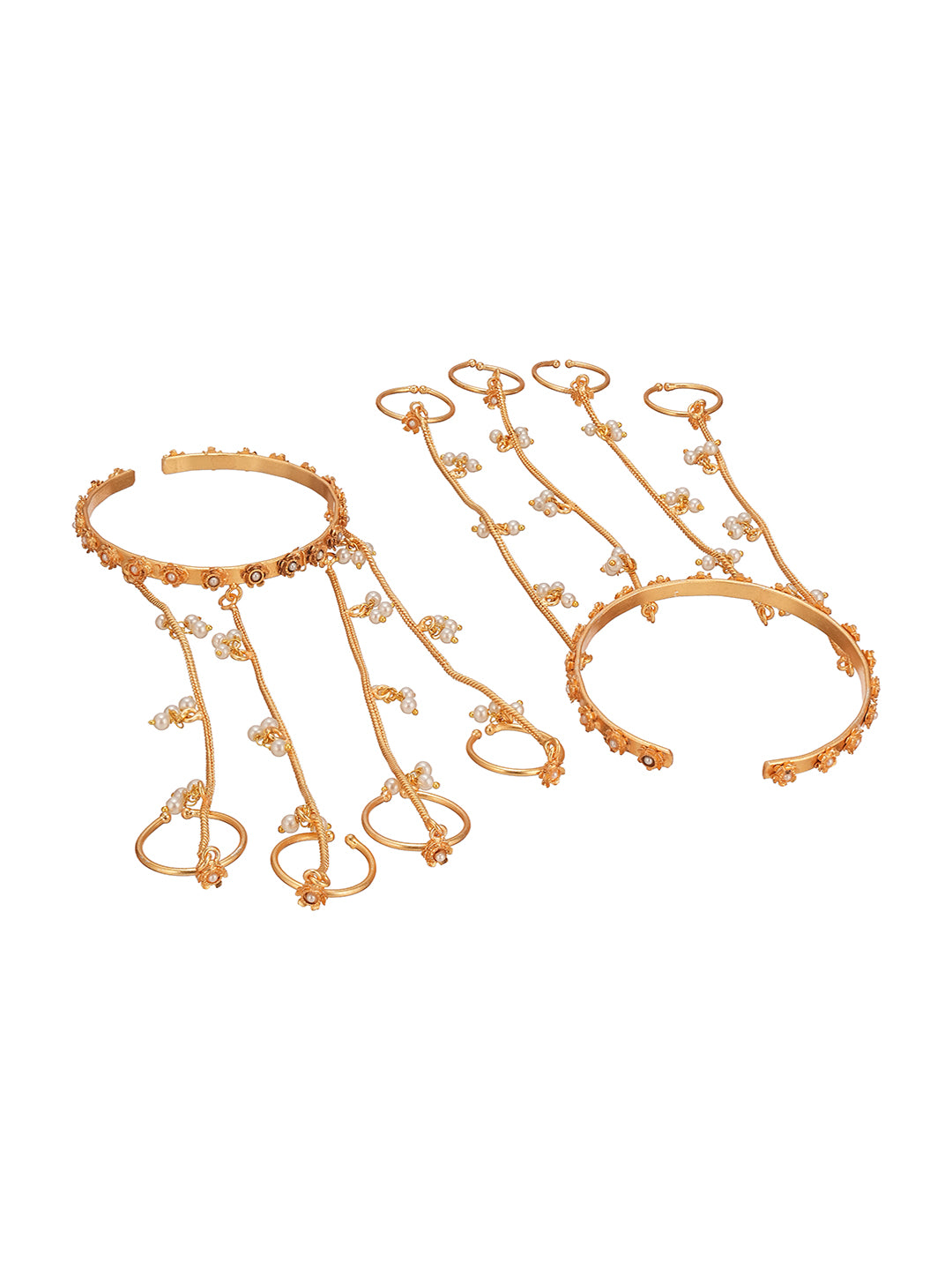 Set Of 2 Gold Plated Pearl Beaded Multi Chain With Rings Minimal Hathphool