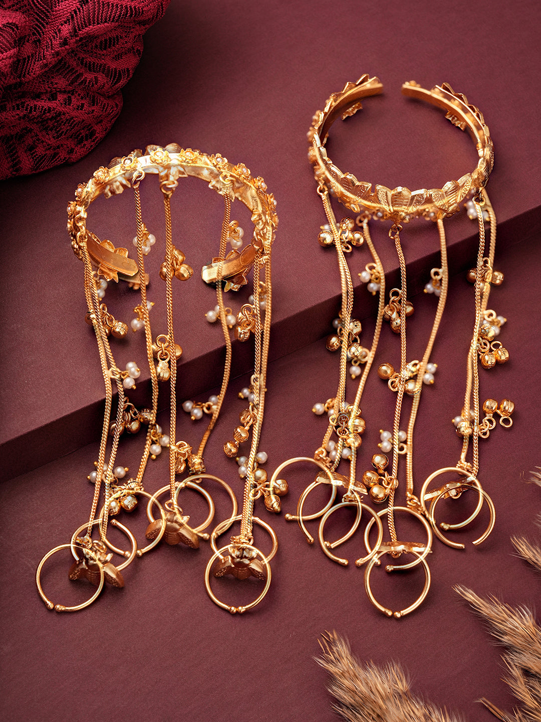 Set Of 2 22k Gold Plated Honey Bee Ghungroo Multi Chain Hand Harness Hathphool