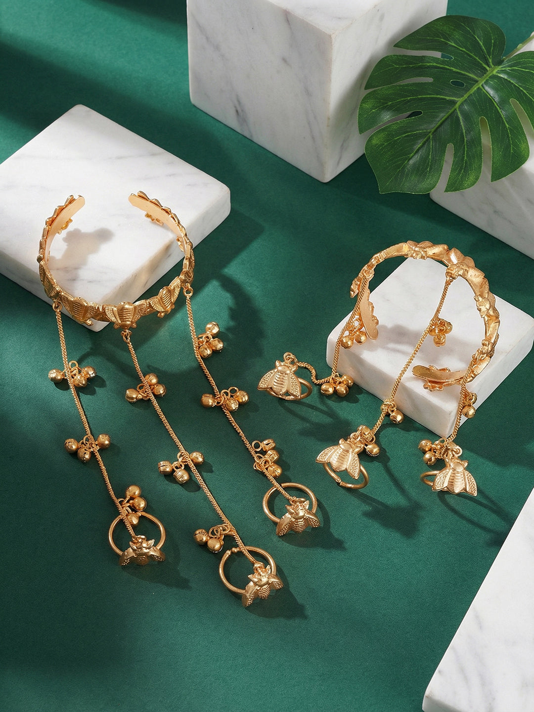 Set Of 2 22k Gold Plated Honey Bee Ghungroo Multi Chain Hand Harness Hathphool