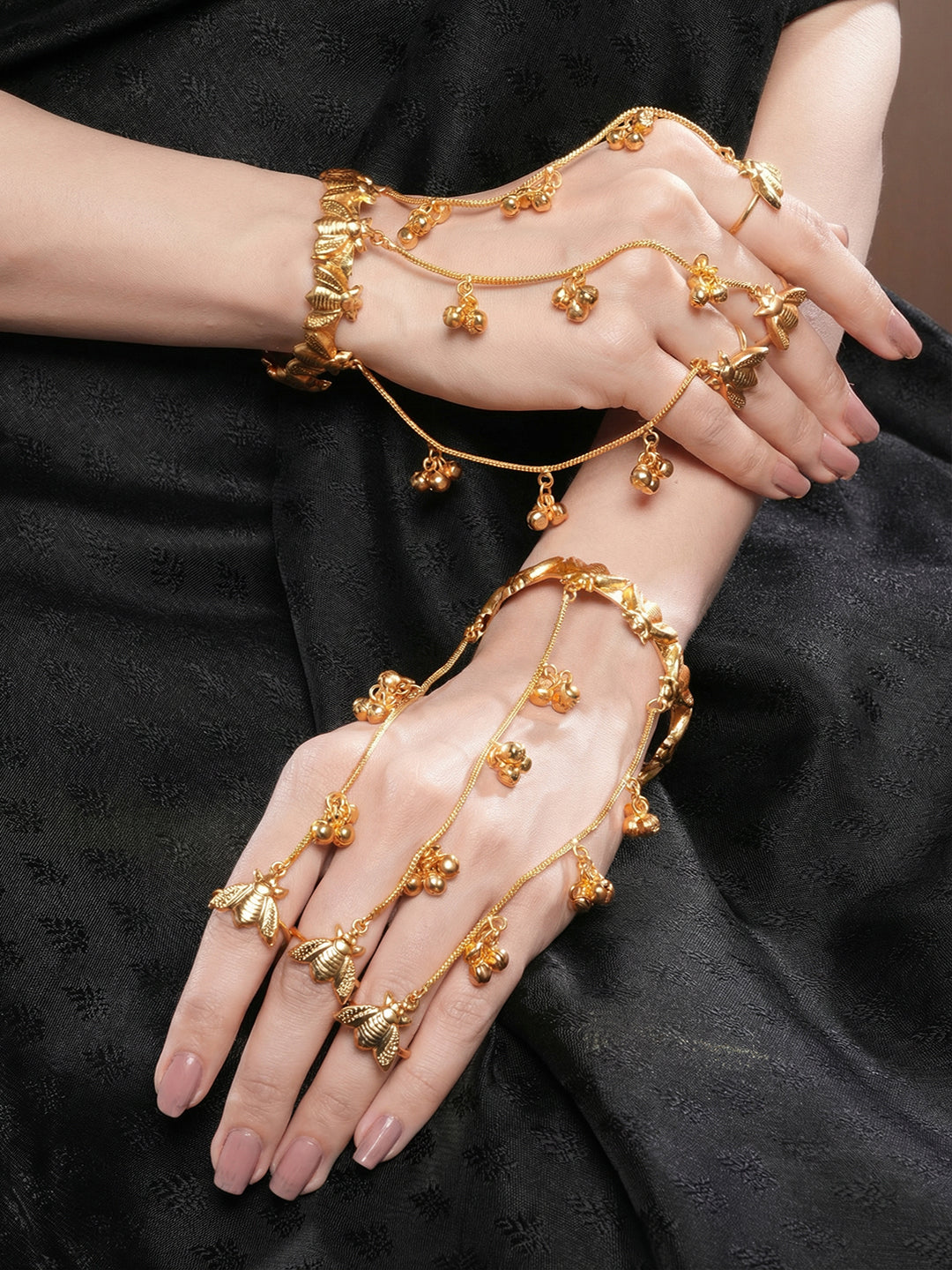 Set Of 2 22k Gold Plated Honey Bee Ghungroo Multi Chain Hand Harness Hathphool